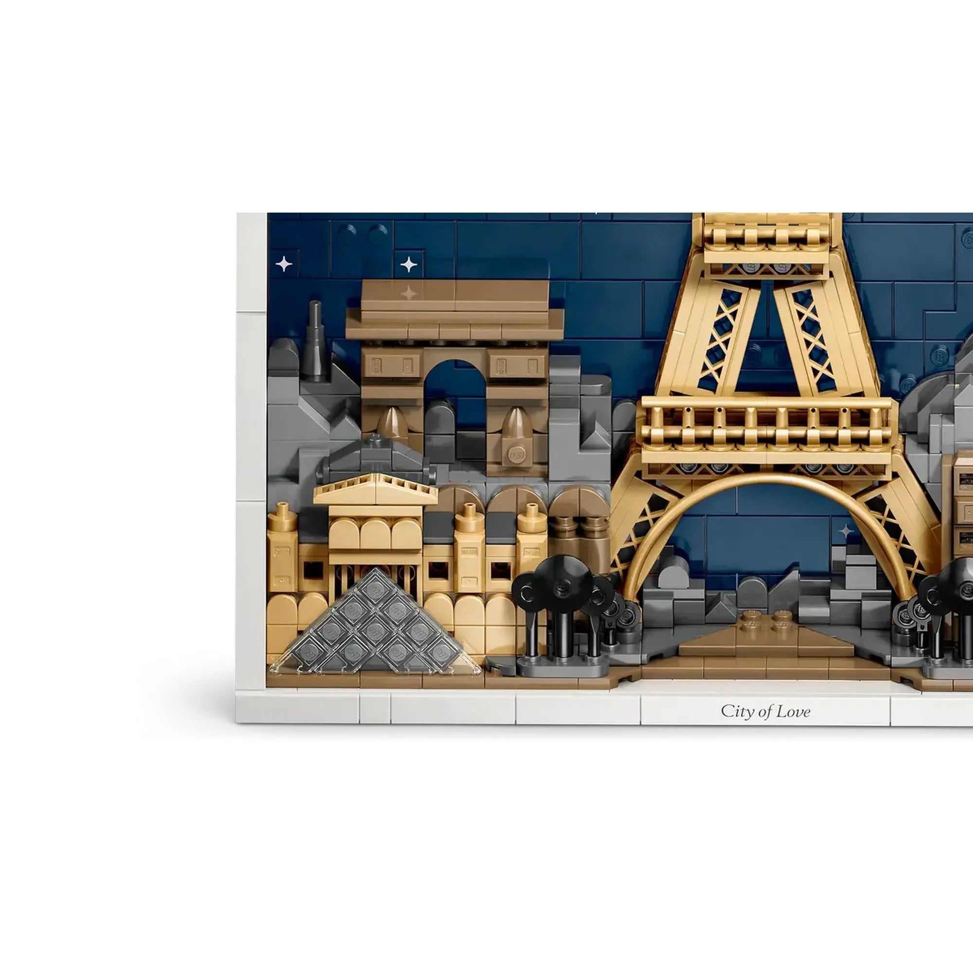 LEGO Architecture: Párizs, a szerelem városa 21064 – A dioráma bal oldali részlete az Arc de Triomphe és a Louvre stilizált elemeivel.