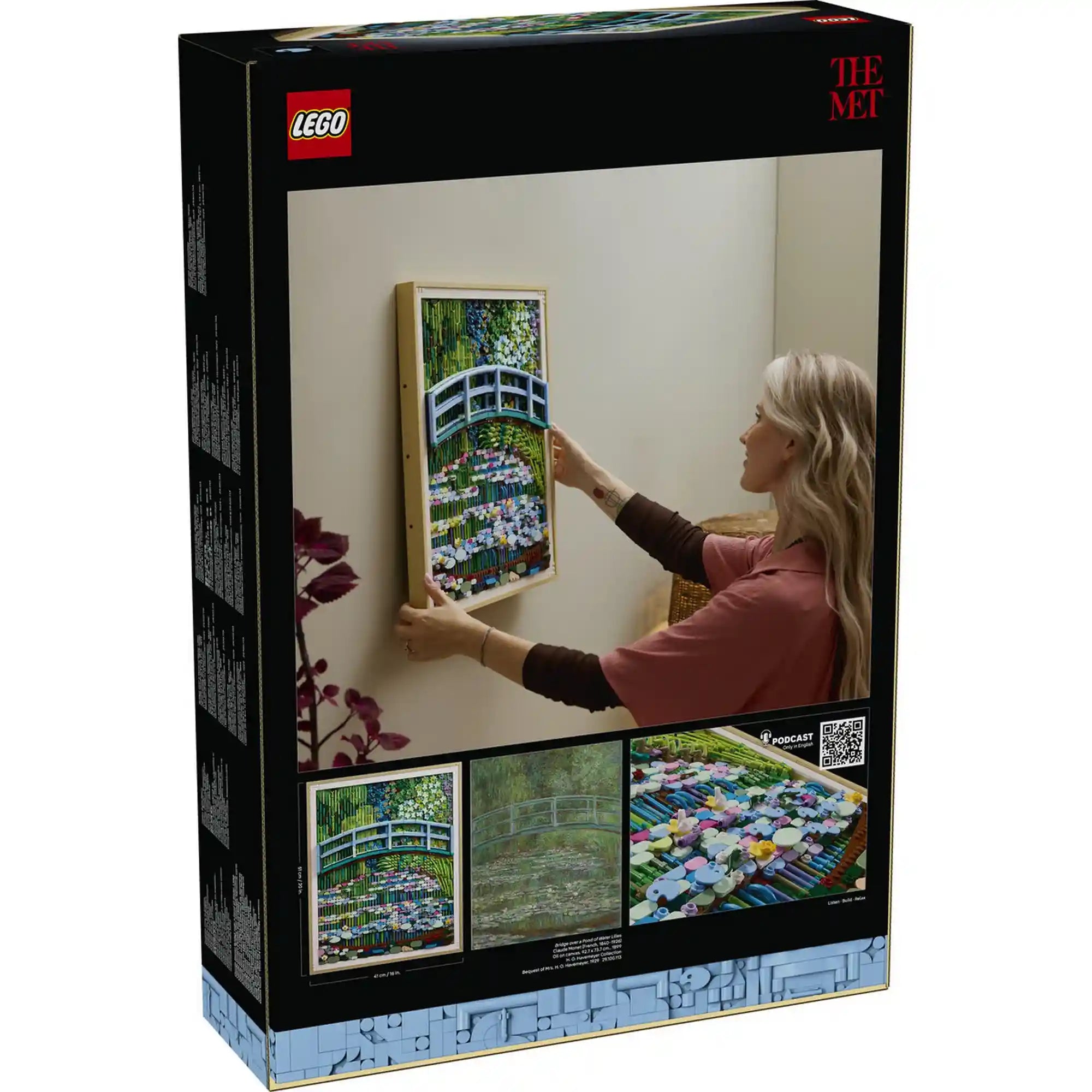 LEGO Art: Claude Monet Híd a vízililiomos tó felett 31220, 3179 darabos doboz hátoldala életképpel és részletfotókkal.