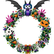 LEGO Halloweeni koszorú 40825 teljes modellje fekete szárnyú denevérrel, narancssárga tökfejjel, fehér szellemmel és pókhálókkal.