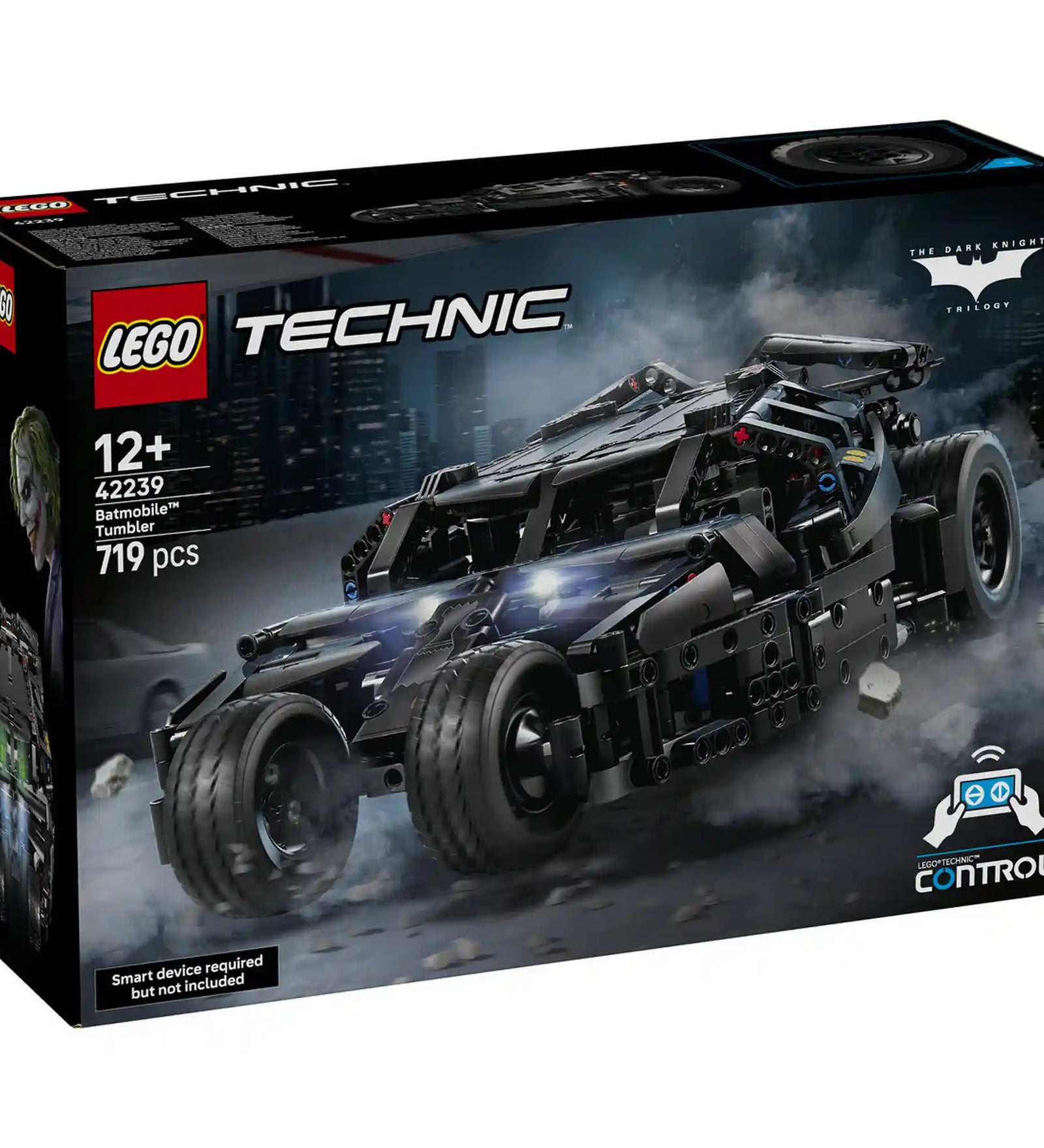 LEGO Technic Batmobile Tumbler 42239 készlet doboza a Batman Sötét lovag trilógia távirányítható járművével.