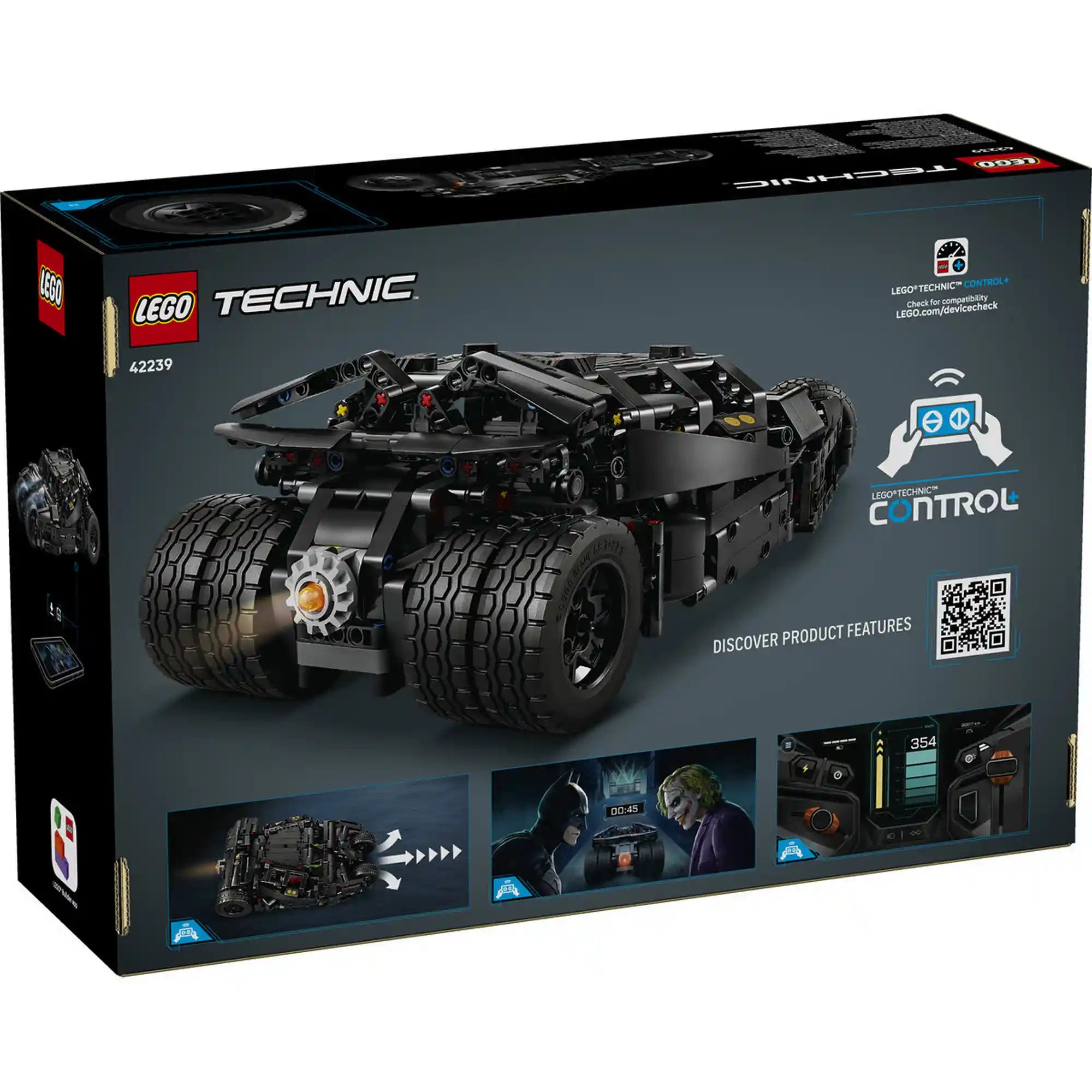 A LEGO Technic Batmobile Tumbler 42239 dobozának hátoldala, amely bemutatja a CONTROL+ funkciókat és a modell részleteit.