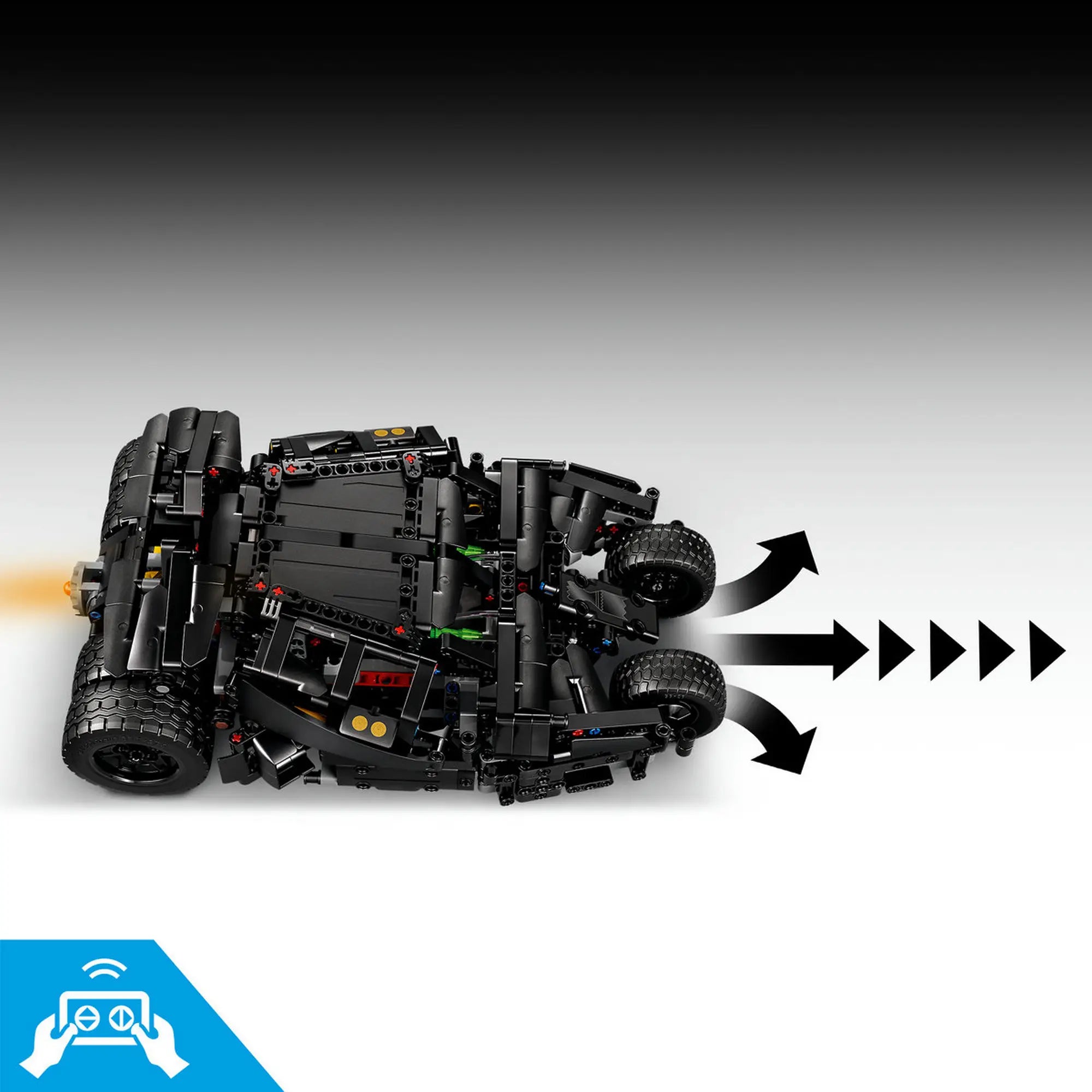 Felülnézeti kép a LEGO Technic Batmobile Tumbler 42239 kormányzásáról és mozgásirányáról.