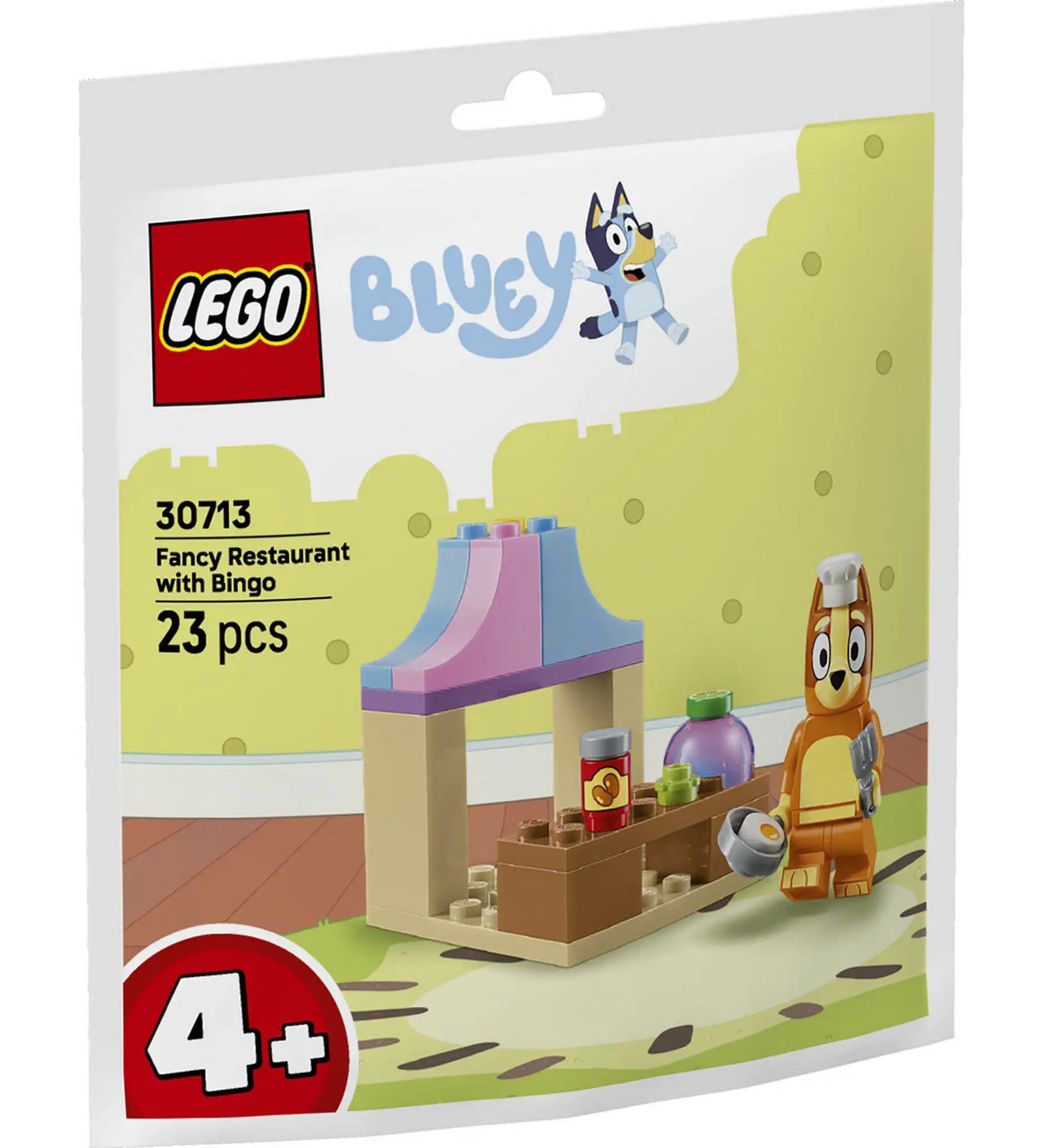 LEGO Bluey Bingo elegáns étterme (30713) polybag csomagolás, amelyen Bingo szakácssapkában látható egy színes éttermi stand mellett.