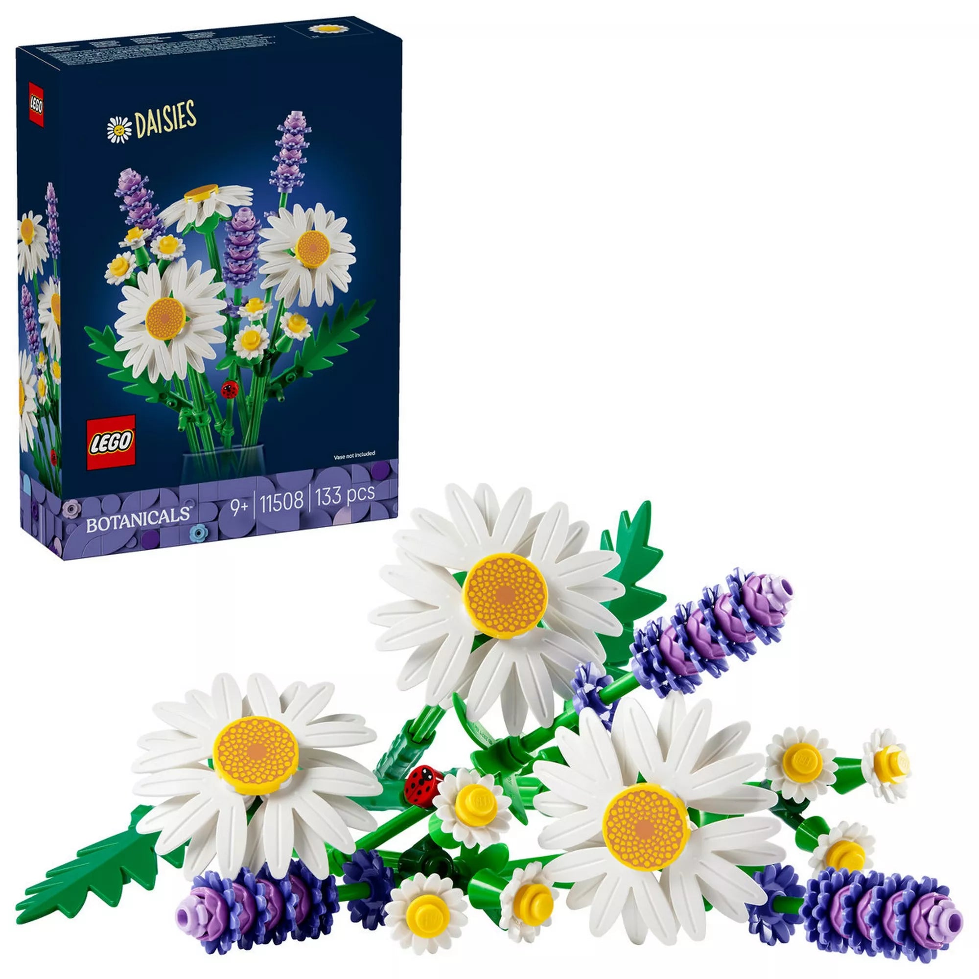 LEGO Botanicals Daisies (11508) megépített LEGO virágcsokor és az eredeti doboz együtt, fehér háttéren.