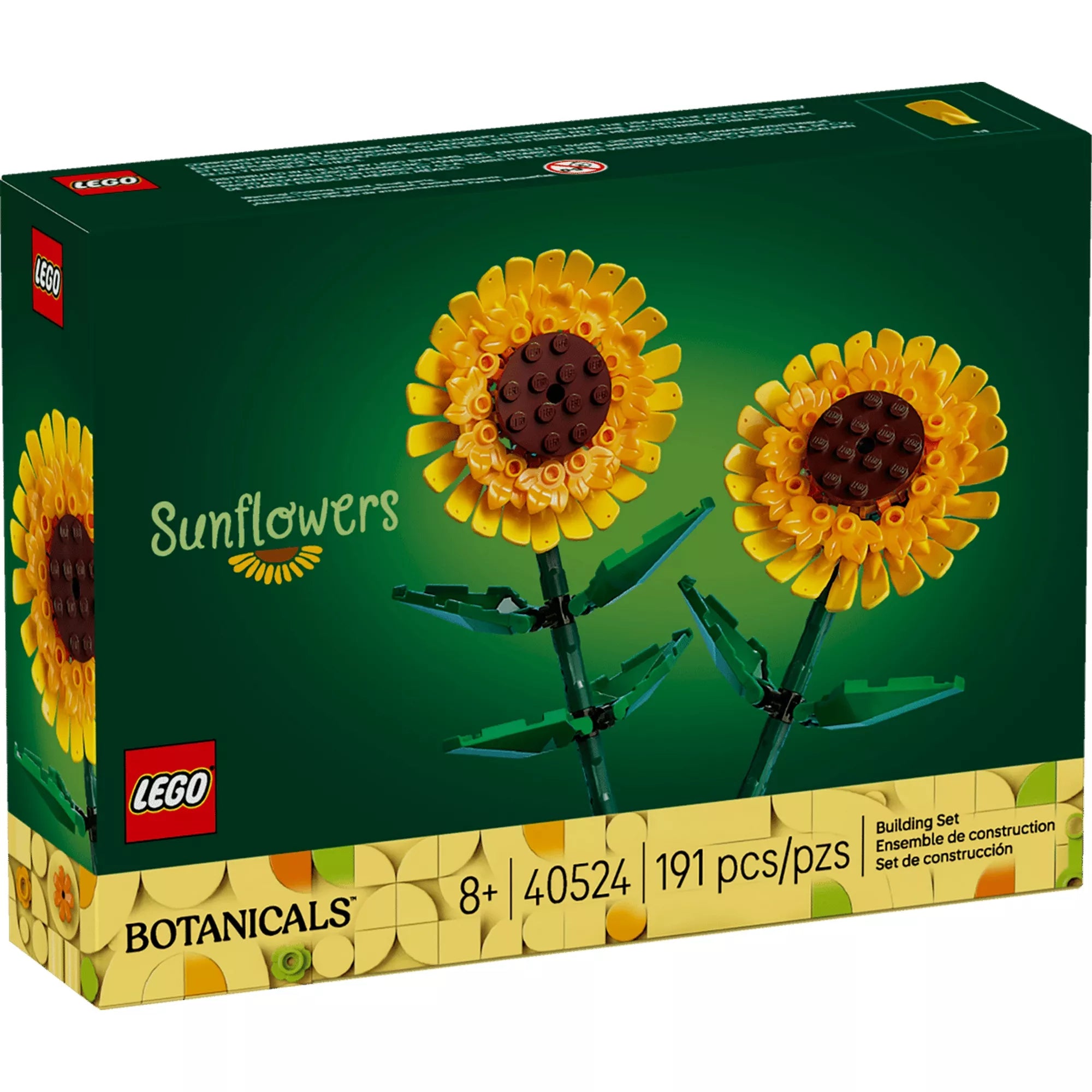 LEGO Botanicals Napraforgó 40524 dobozkép két sárga napraforgó virággal zöld háttéren 191 darabos készlet