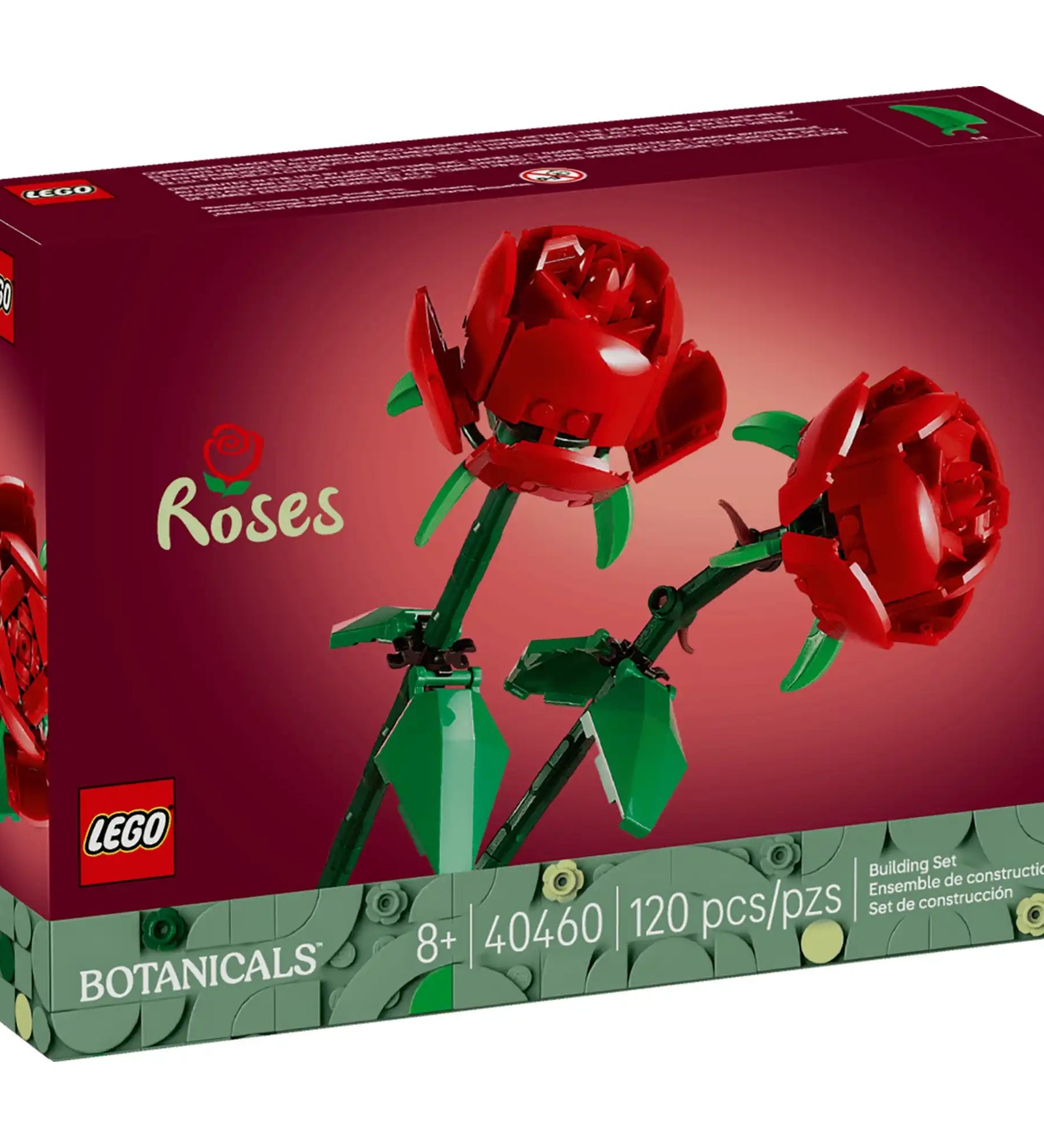 LEGO Botanicals Roses (40460) dobozkép, két vörös LEGO rózsával, zöld szárakkal és sötét rózsaszín háttérrel