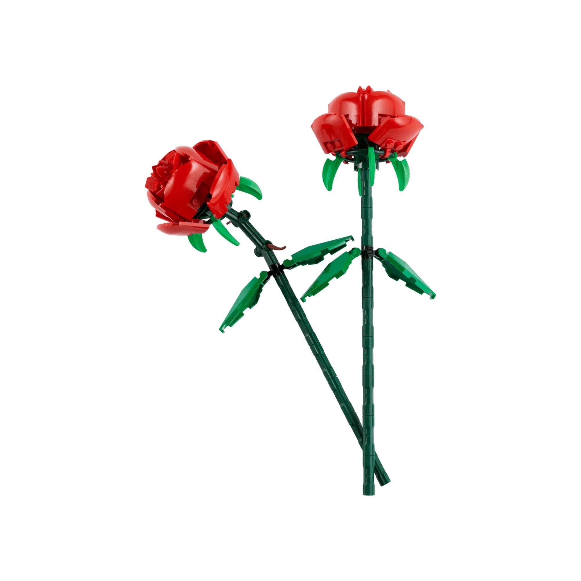 LEGO Botanicals Roses (40460) két megépíthető vörös rózsaszál fehér háttéren, zöld levelekkel és hosszú szárakkal