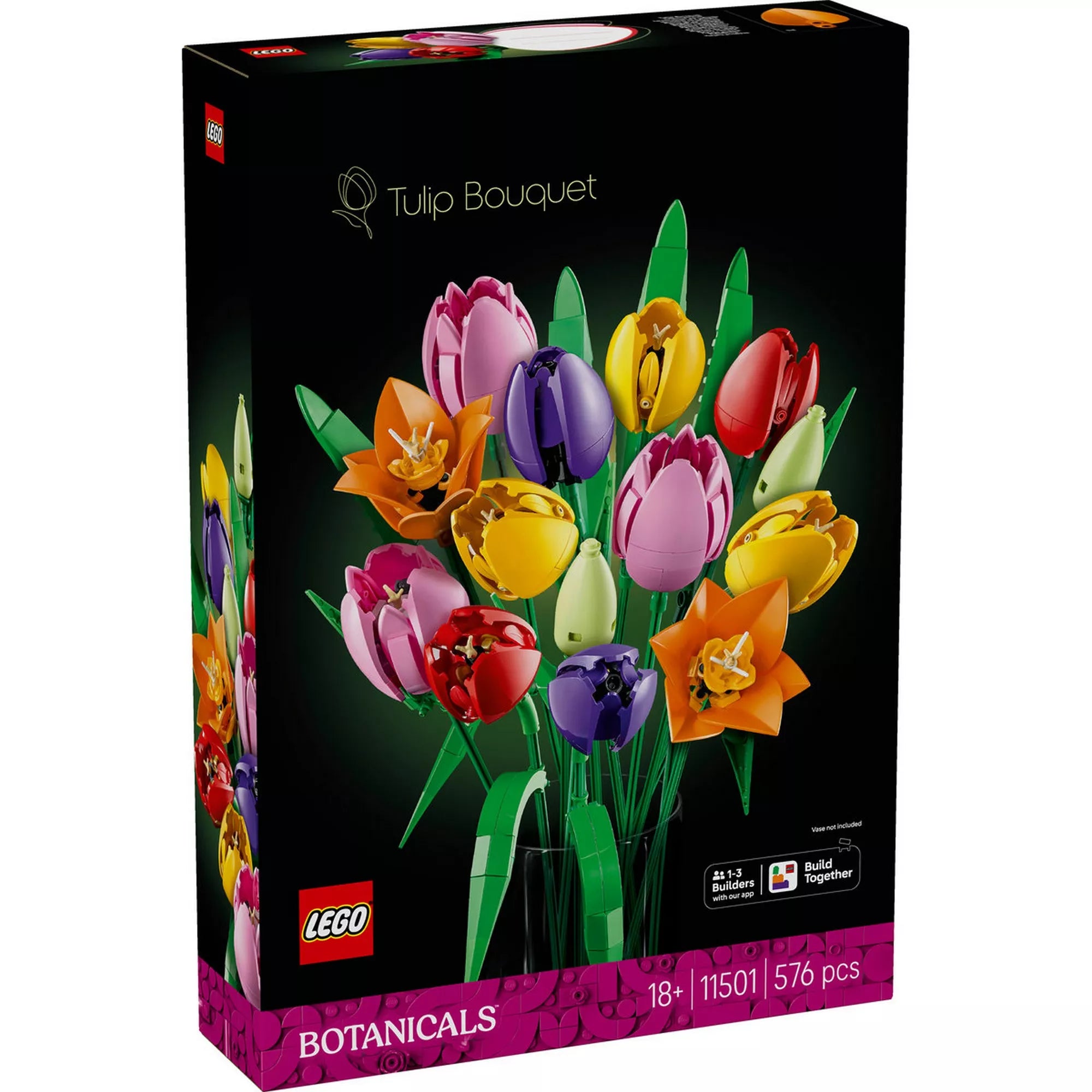 LEGO® Botanicals Tulipáncsokor (11501) dobozképe, amely a színes LEGO tulipánokból álló dekoratív csokrot mutatja fekete háttéren, Botanicals dizájnnal