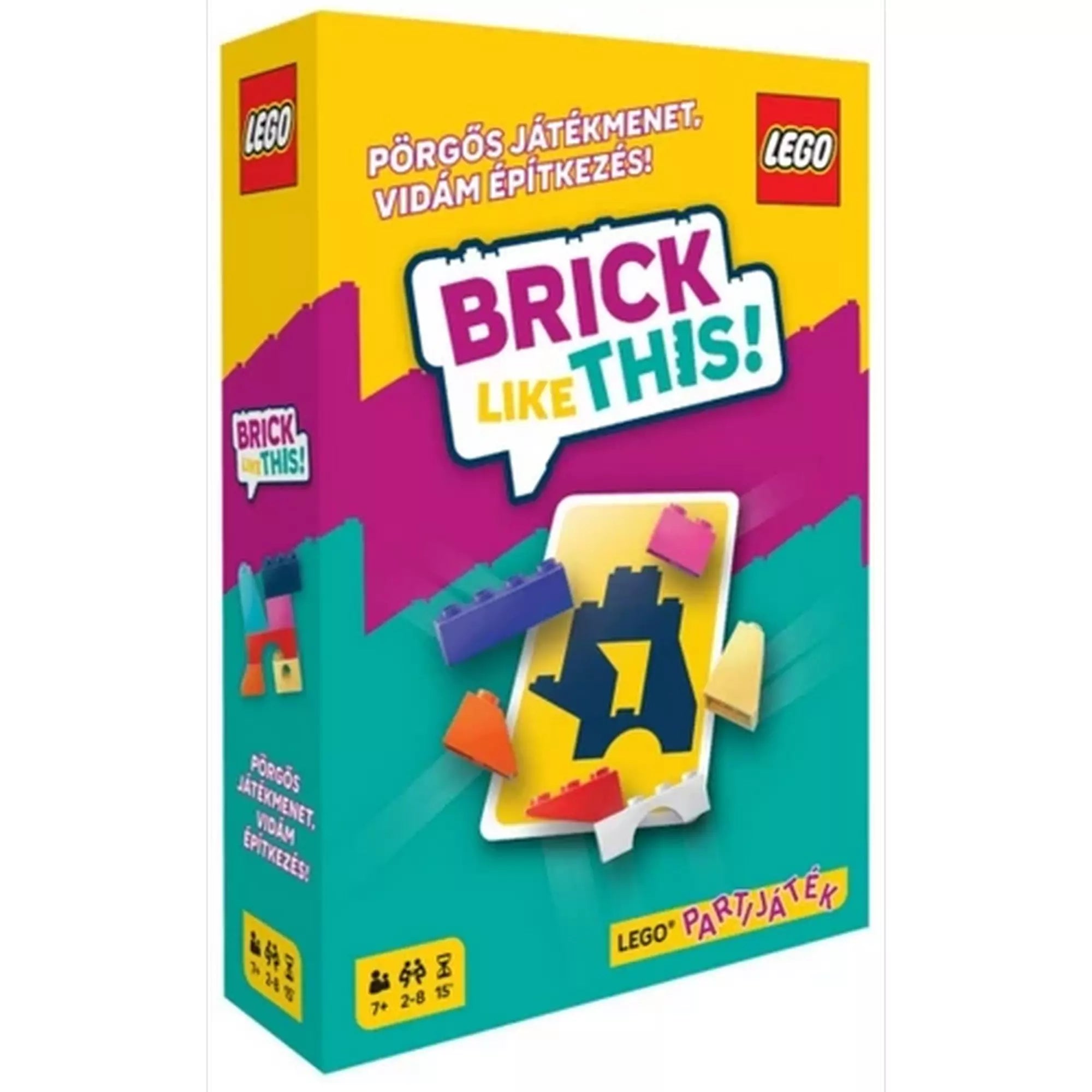 „LEGO Brick Like This! partijáték doboza színes, vidám grafikával, LEGO kockákkal és játékkártyával díszítve. A borítón a szlogen: Pörgős játékmenet, vidám építkezés!”