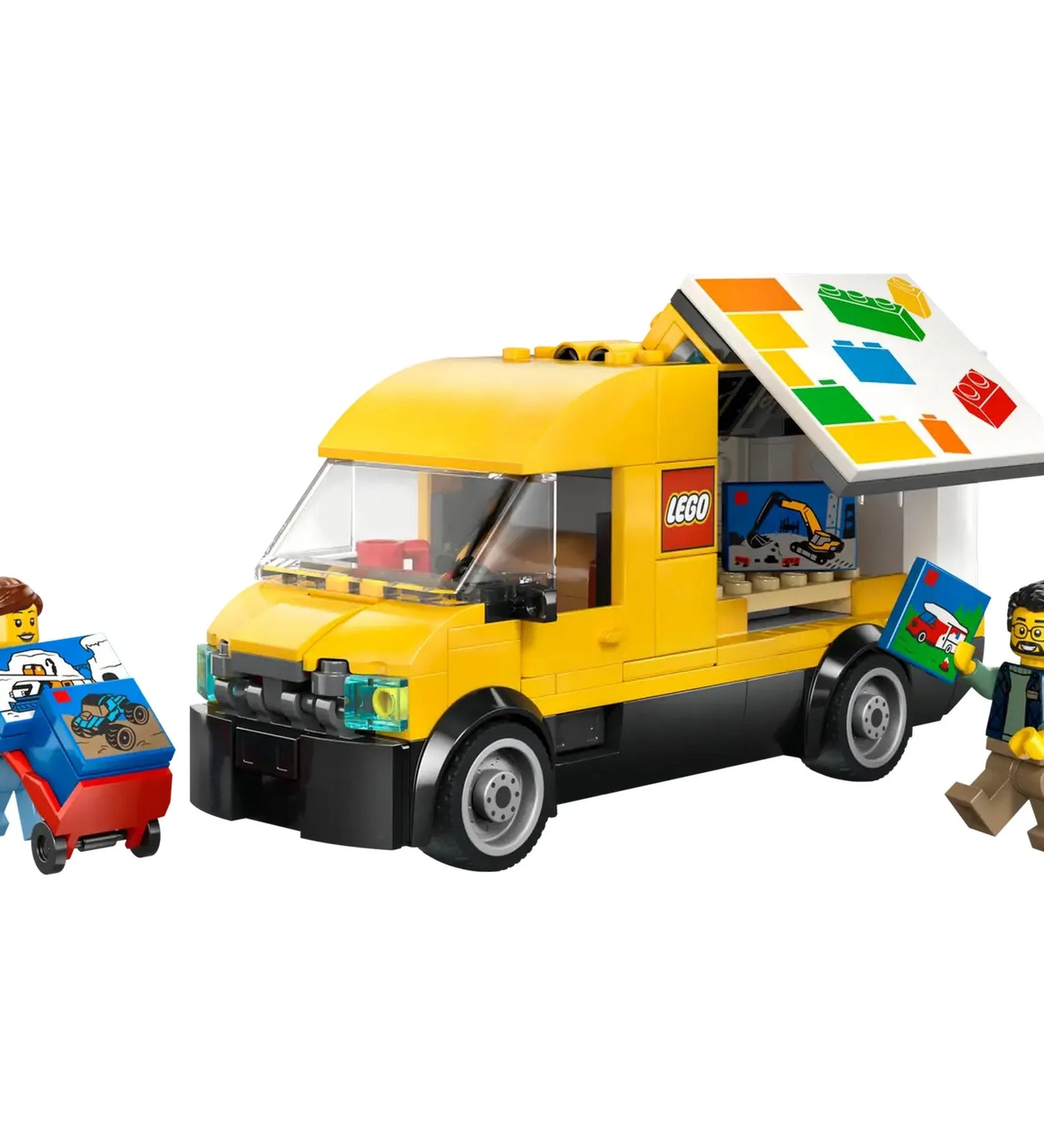 LEGO City: A LEGO furgon 60500 – A megépített sárga LEGO furgon kinyitható oldalfallal és rakománykockákkal.