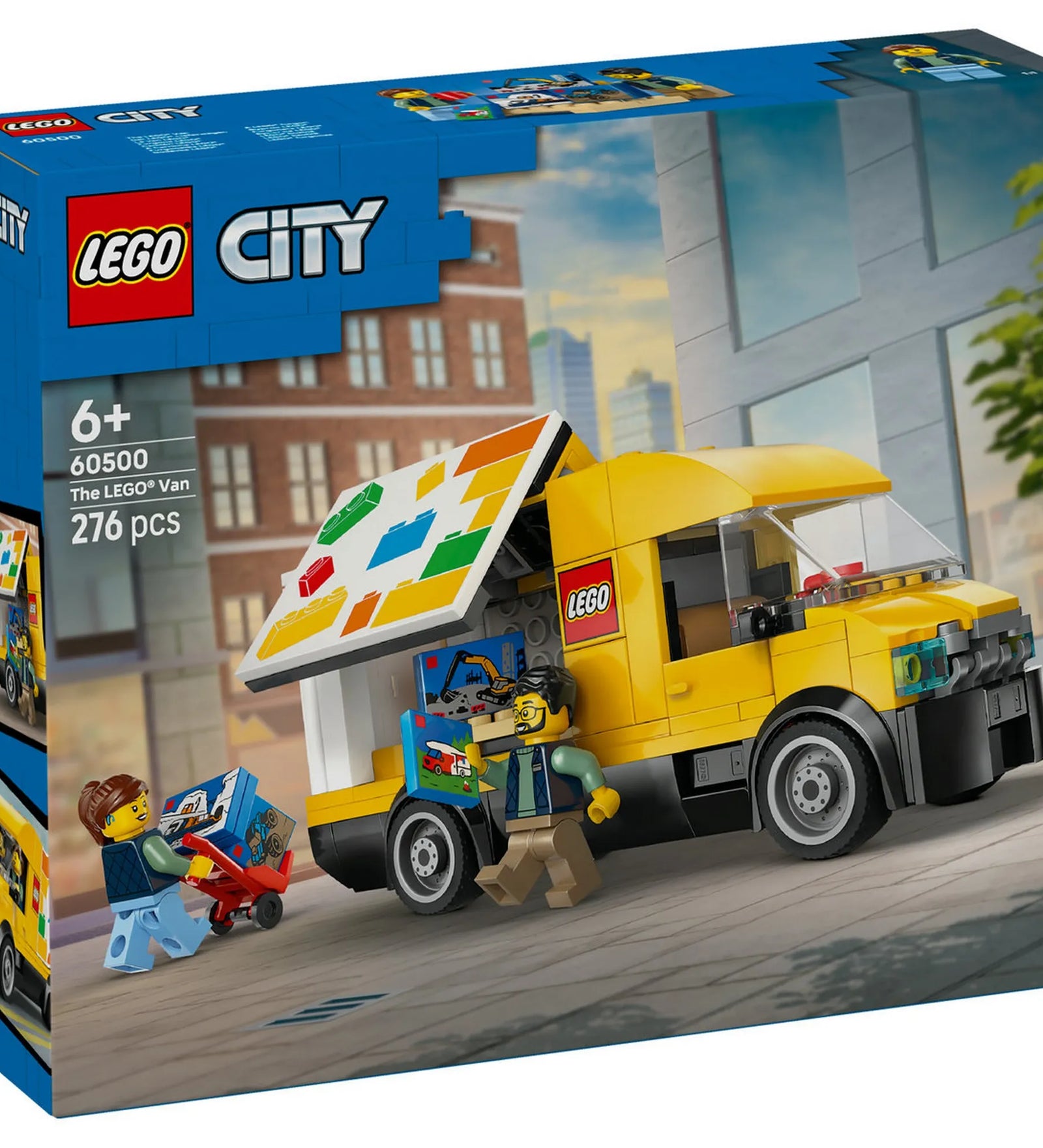 LEGO City: A LEGO furgon 60500 – A készlet dobozképe sárga LEGO furgonnal és minifigurákkal rakodás közben.