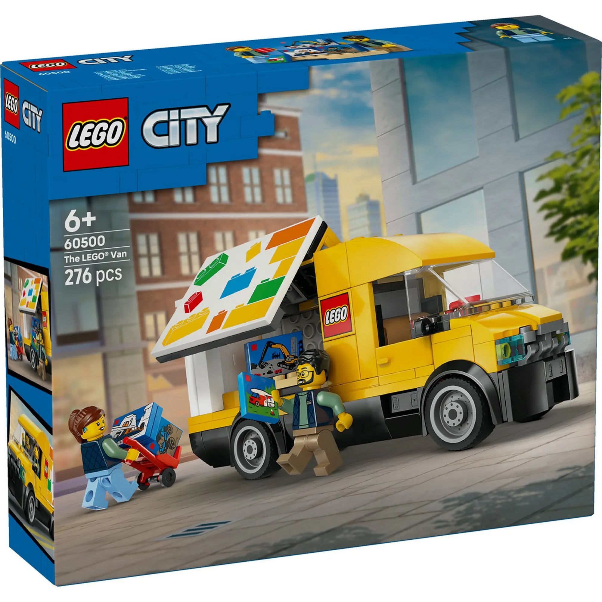 LEGO City: A LEGO furgon 60500 – A készlet dobozképe sárga LEGO furgonnal és minifigurákkal rakodás közben.