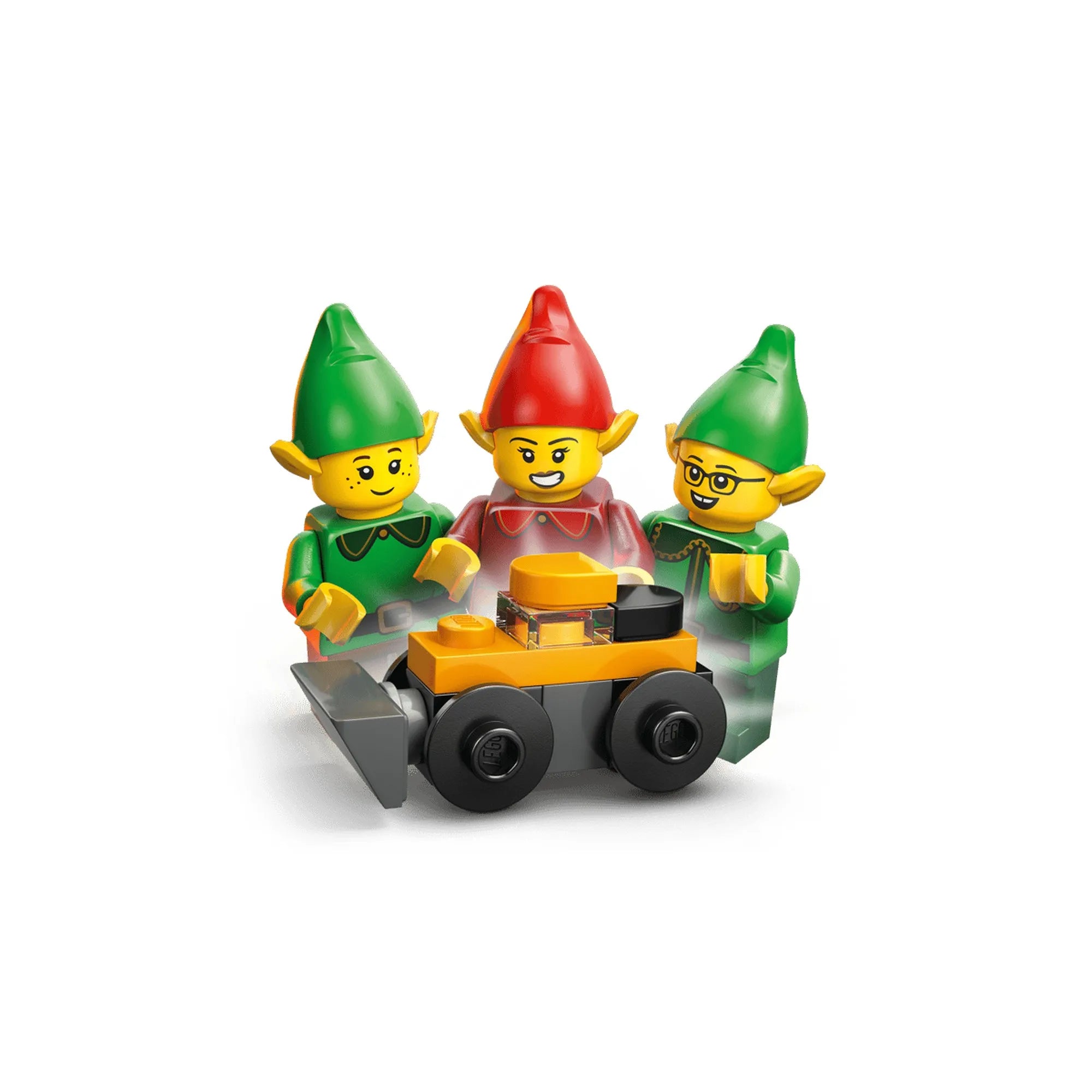 LEGO City: Adventi naptár 2026, 60510 három vidám manófigurája egy apró sárga-fekete játékjármű körül.