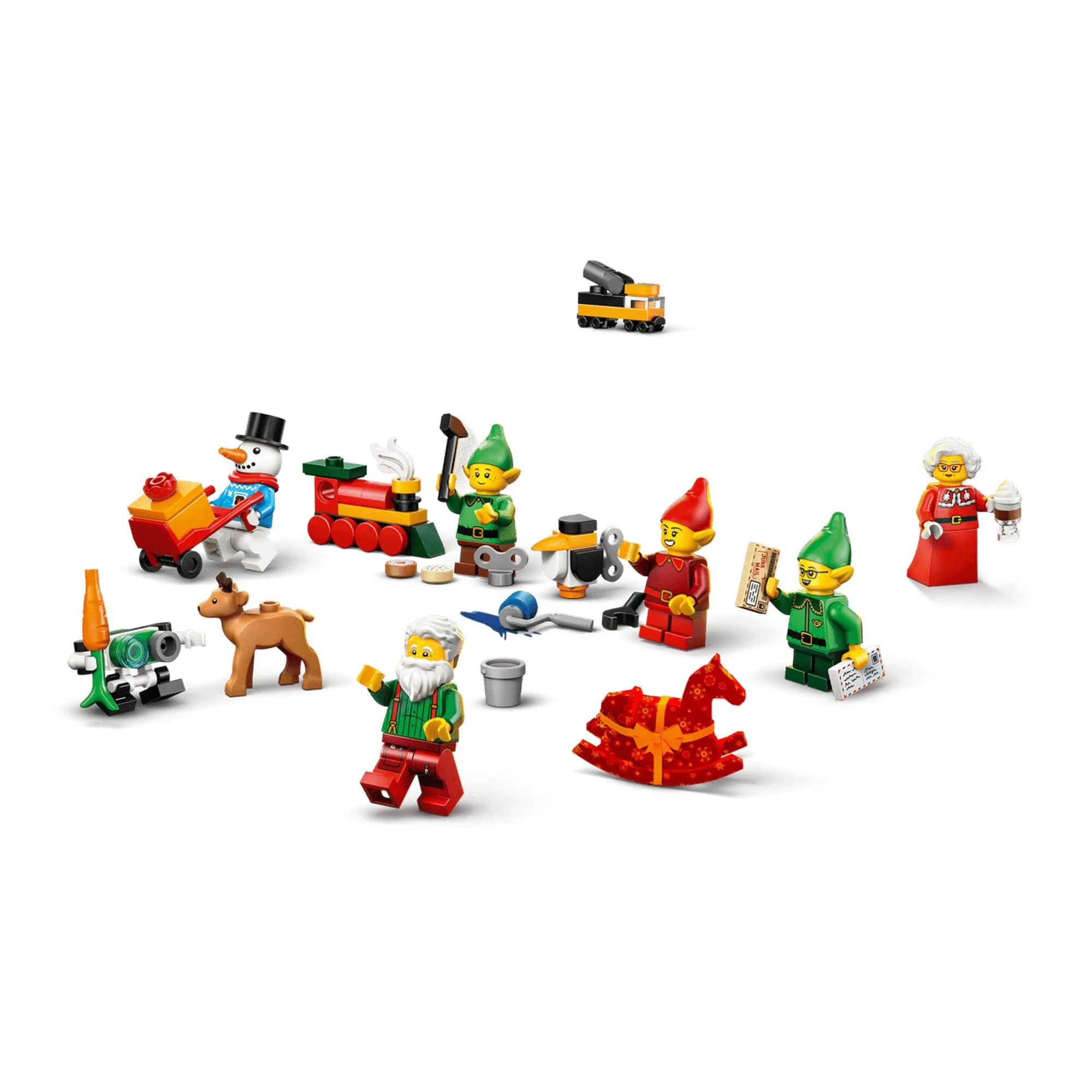 LEGO City: Adventi naptár 2026, 60510 ünnepi minifigurái, hóemberrel, manókkal, rénszarvassal és apró játékokkal.