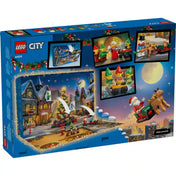 LEGO City: Adventi naptár 2026, 60510 dobozának hátoldala, karácsonyi jelenetekkel és a kinyitható naptárral.