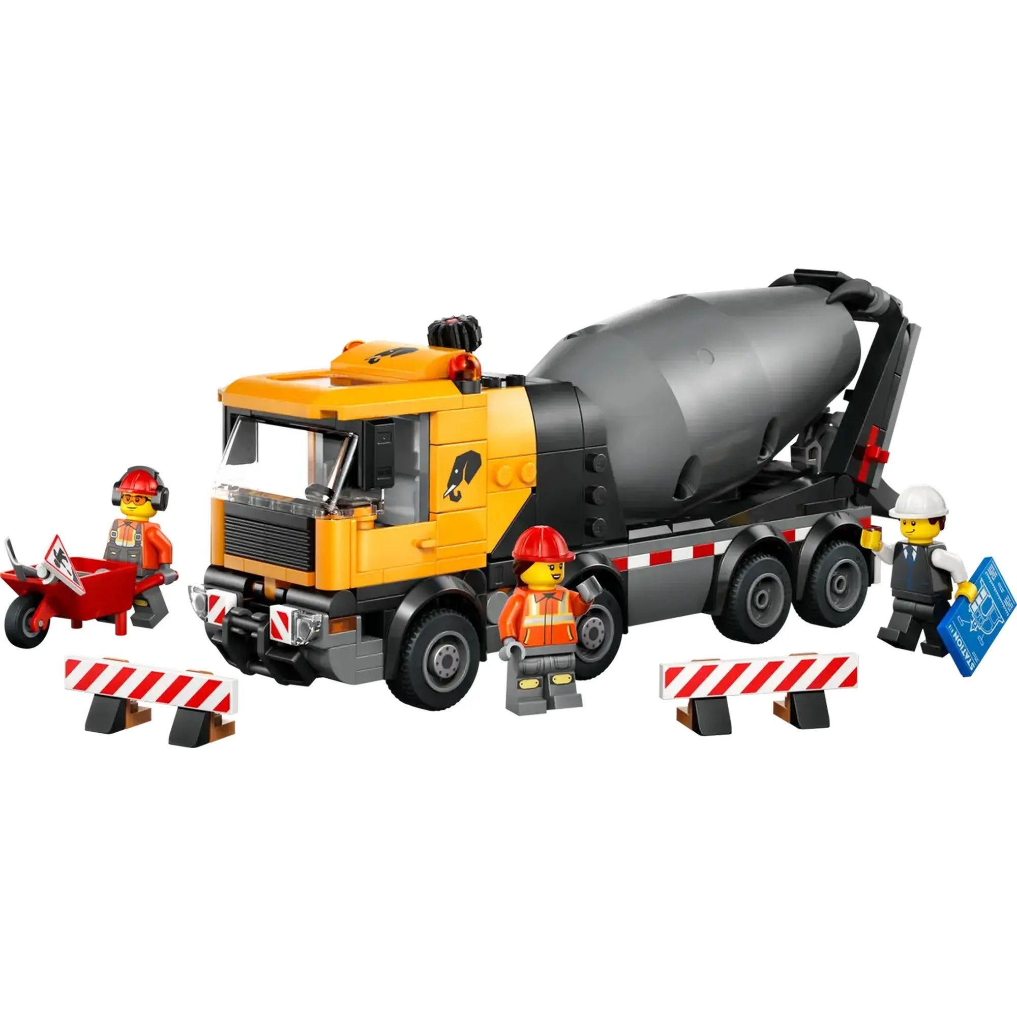 LEGO City Betonkeverő 60478 teljes készlet, sárga betonkeverő teherautó, munkások és útlezáró elemek fehér háttéren.