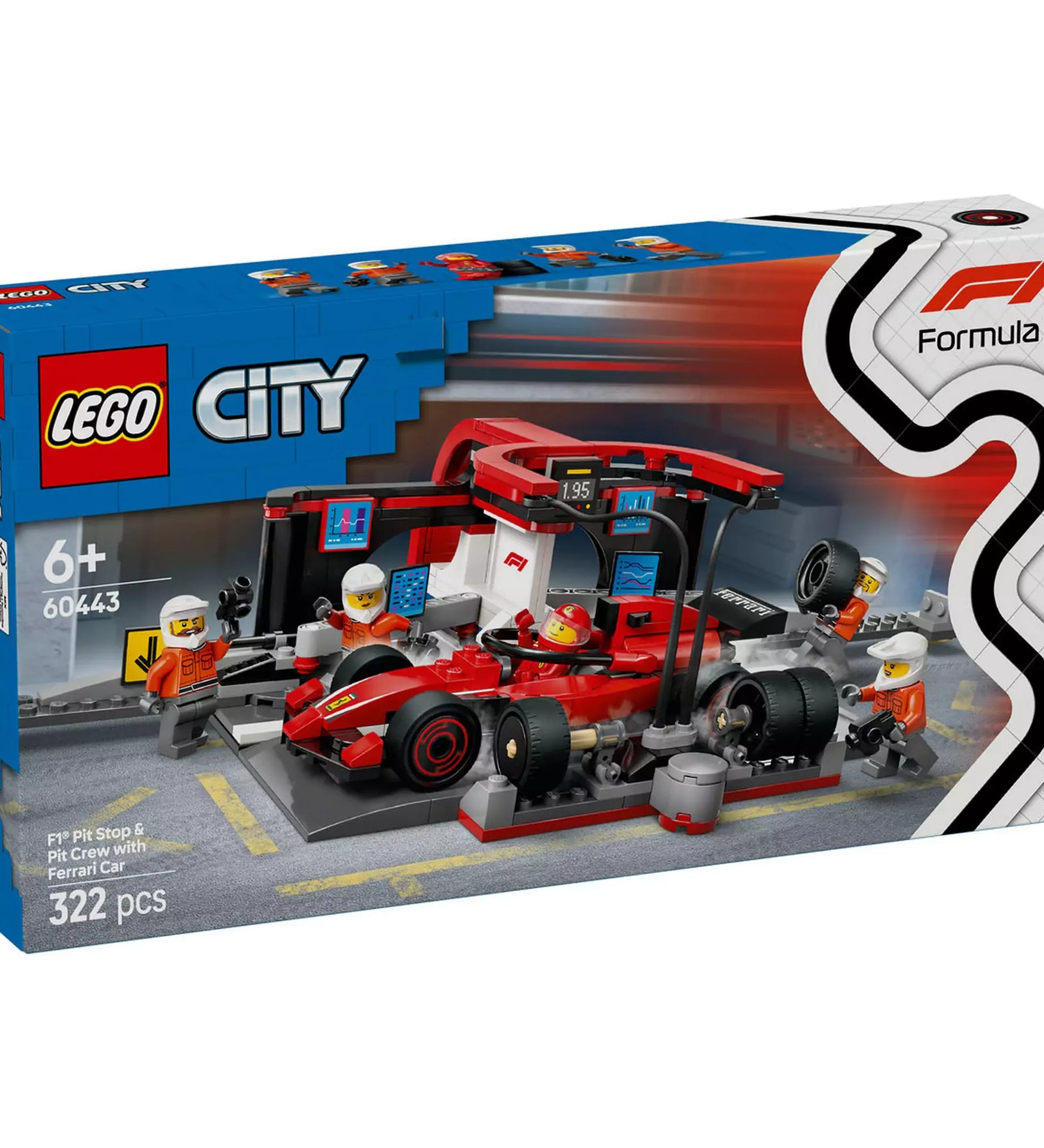 LEGO City F1 boxutca és személyzet, Ferrari autóval (60443) doboza, amely a készlet tartalmát ábrázolja.