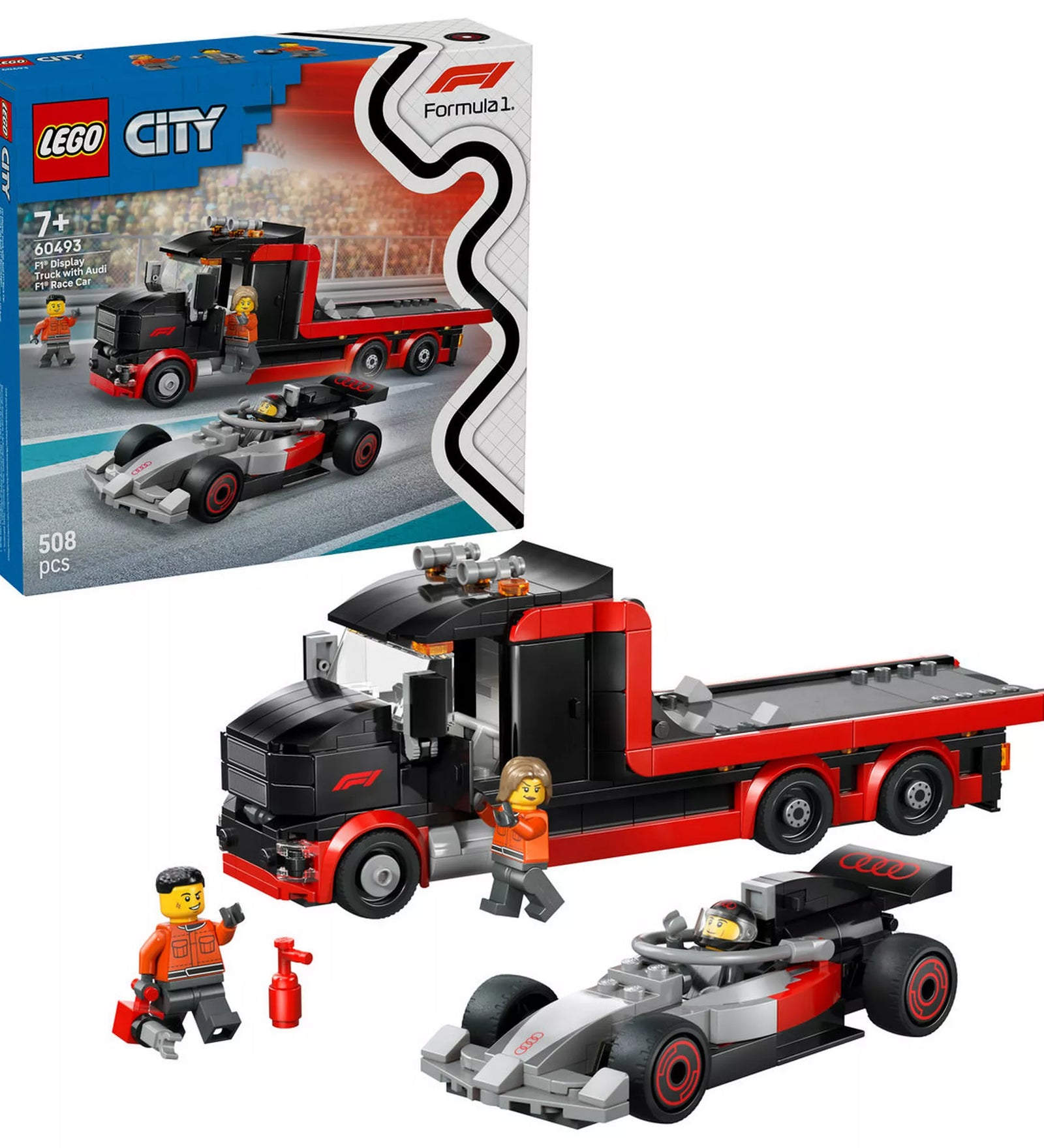 LEGO City 60493 készlet dobozzal és megépített modellekkel, F1 kamion és Audi Formula 1 versenyautó.