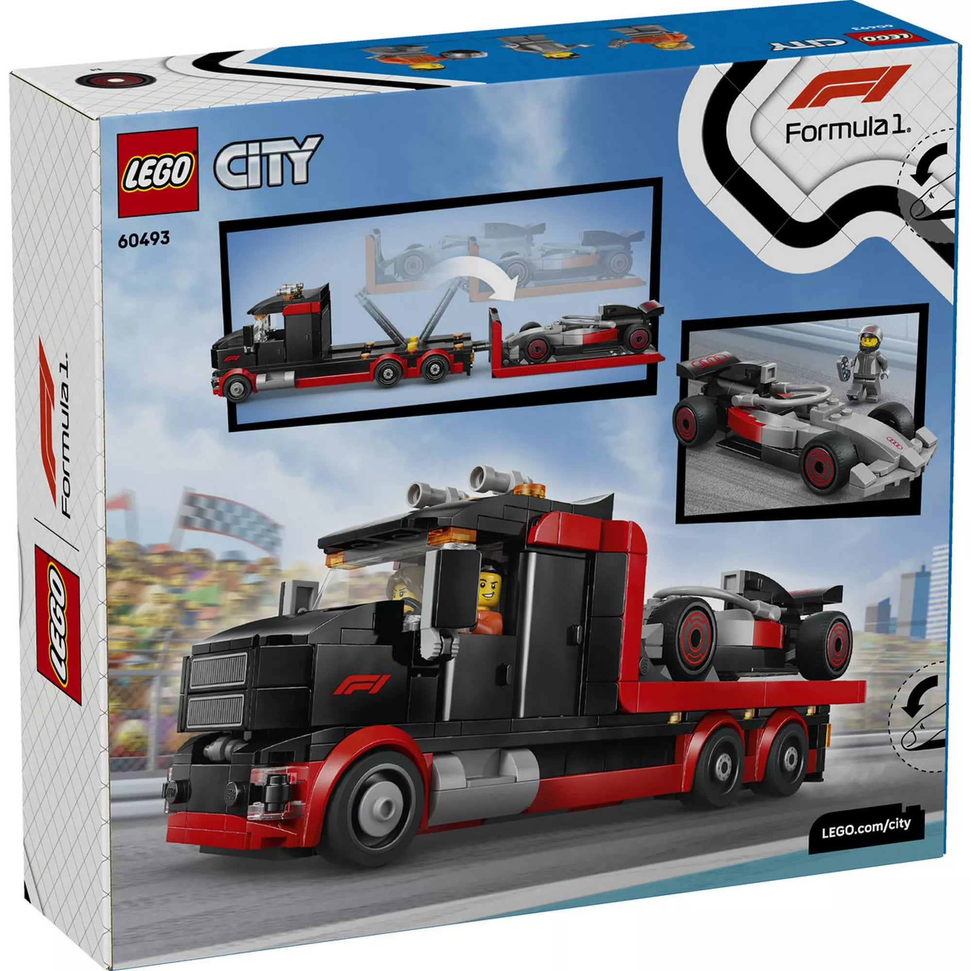 LEGO City 60493 készlet hátoldali dobozkép, F1 kamion emelőplatformmal és Audi versenyautó szállítási funkcióval.