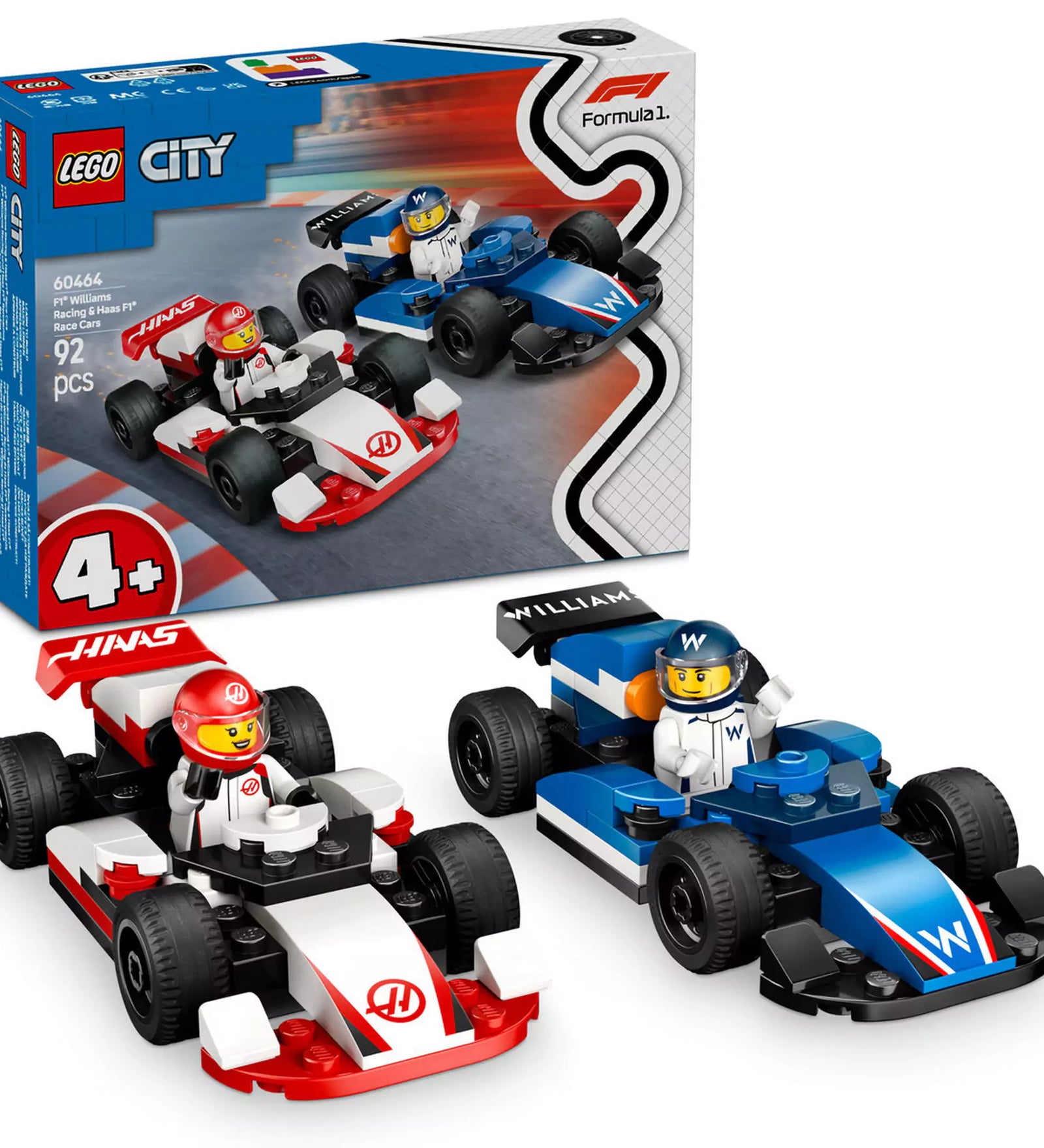  LEGO City F1-es Williams Racing és Haas F1 versenyautók 60464 – dobozkép az autók és a minifigurák játékra kész állapotával.