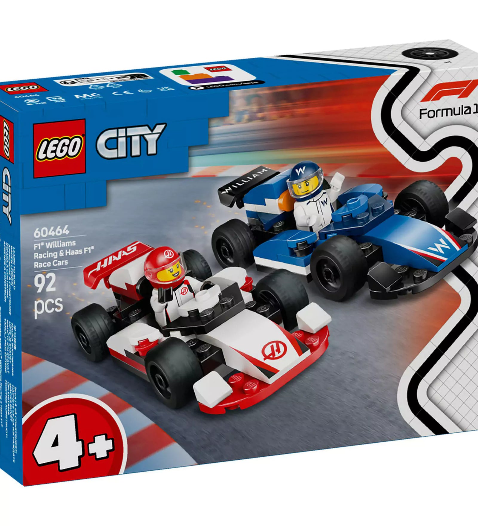  LEGO City F1-es Williams Racing és Haas F1 versenyautók 60464 – izgalmas játékszett 4 éves kortól, két valósághű F1 autóval és minifigurákkal.