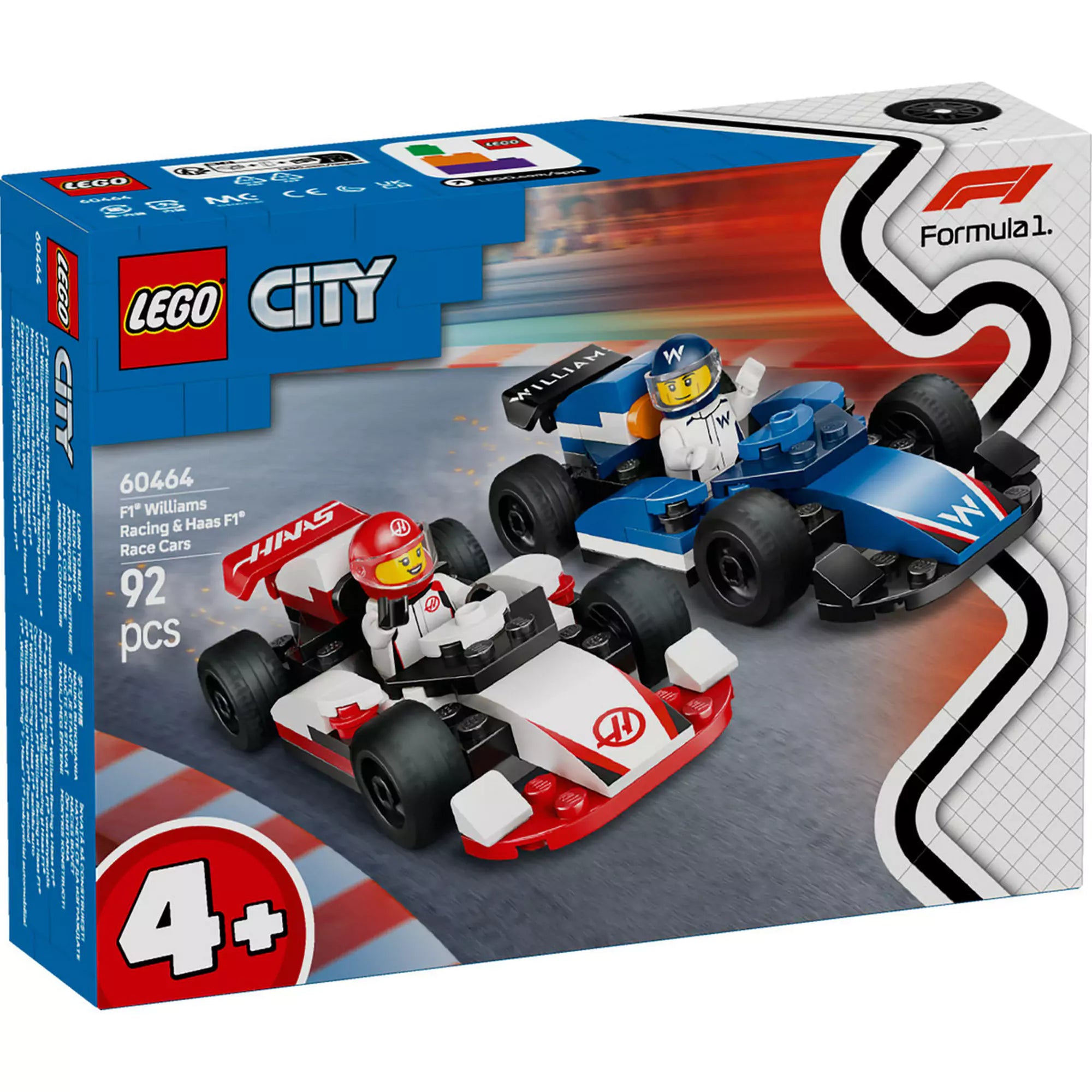  LEGO City F1-es Williams Racing és Haas F1 versenyautók 60464 – izgalmas játékszett 4 éves kortól, két valósághű F1 autóval és minifigurákkal.