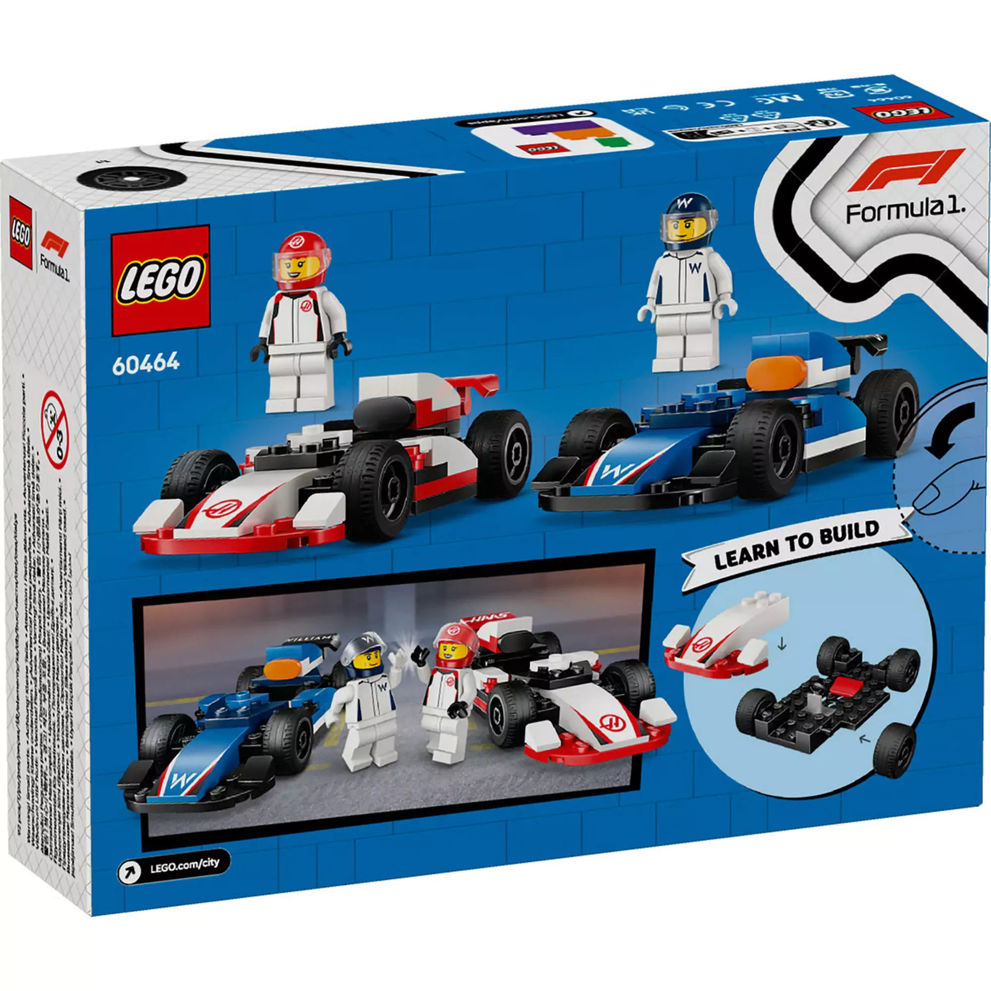  LEGO City F1-es Williams Racing és Haas F1 versenyautók 60464 – hátoldali dobozkép, amely bemutatja az autók részleteit és az építés lépéseit.