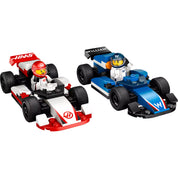  LEGO City F1-es Williams Racing és Haas F1 versenyautók 60464 – közelebbi nézet a Williams és Haas F1 autókról minifigurákkal.