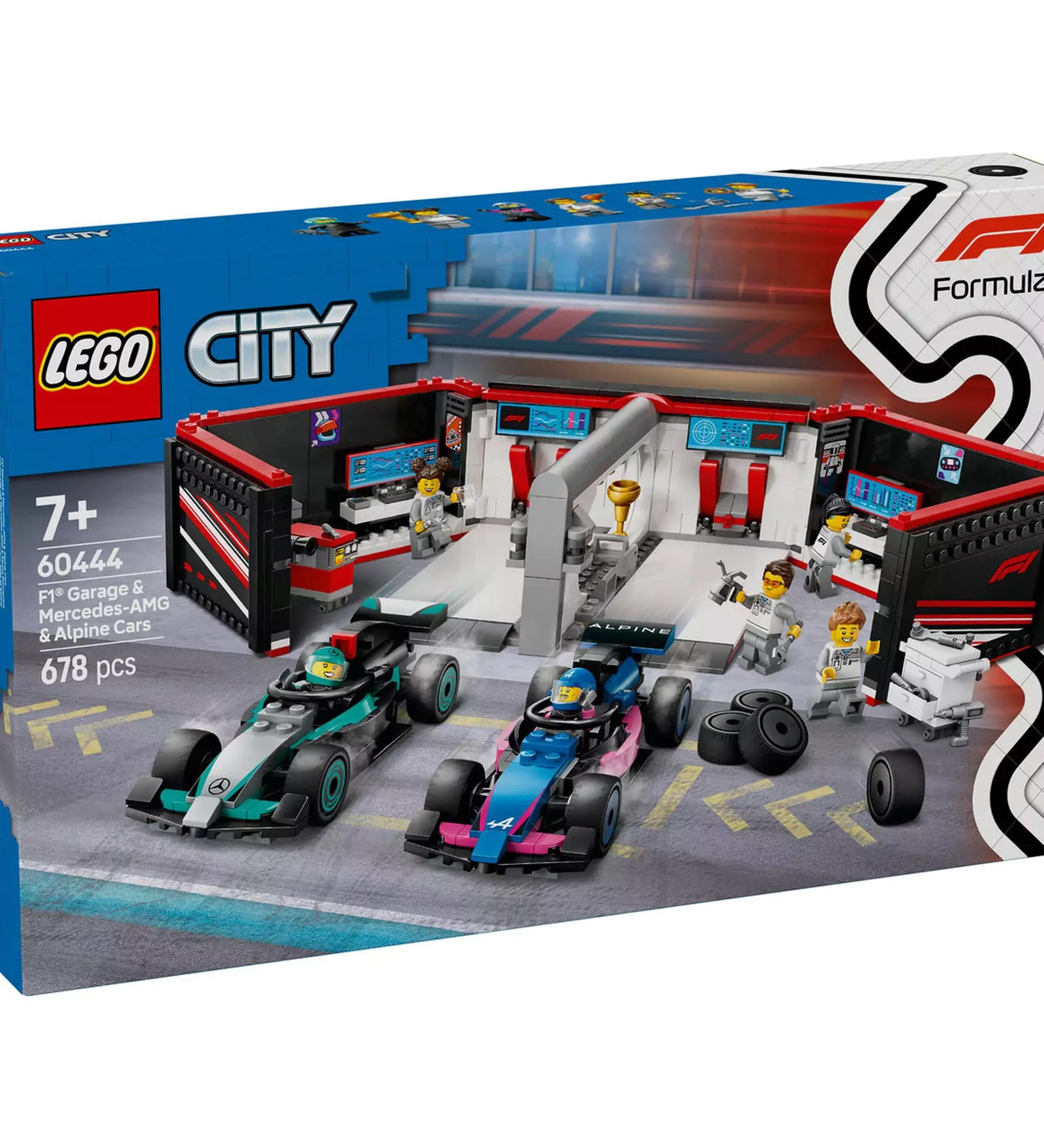 LEGO City F1 garázs, Mercedes-AMG és Alpine autók (60444) doboza, két F1-es versenyautóval és garázsépülettel.