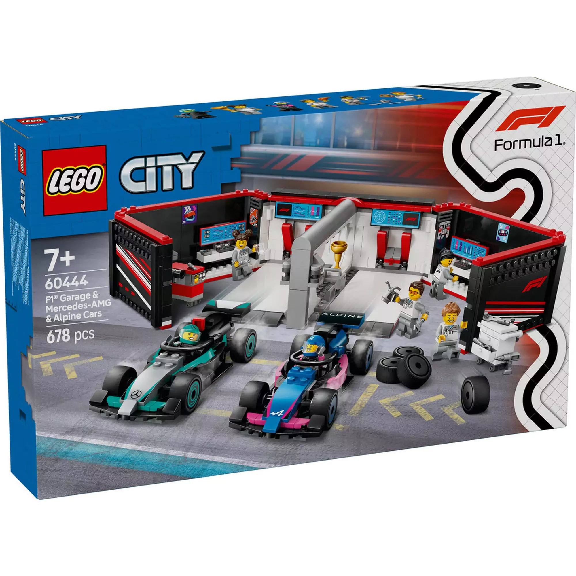 LEGO City F1 garázs, Mercedes-AMG és Alpine autók (60444) doboza, két F1-es versenyautóval és garázsépülettel.