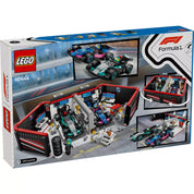 LEGO City F1 garázs, Mercedes-AMG és Alpine autók (60444) csomagolásának hátoldala, részletezve a készlet funkcióit és tartalmát.