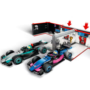 LEGO City F1 garázs, Mercedes-AMG és Alpine autók (60444) - két versenyautó gyors indítása és a részletesen kidolgozott garázs belső elemei.