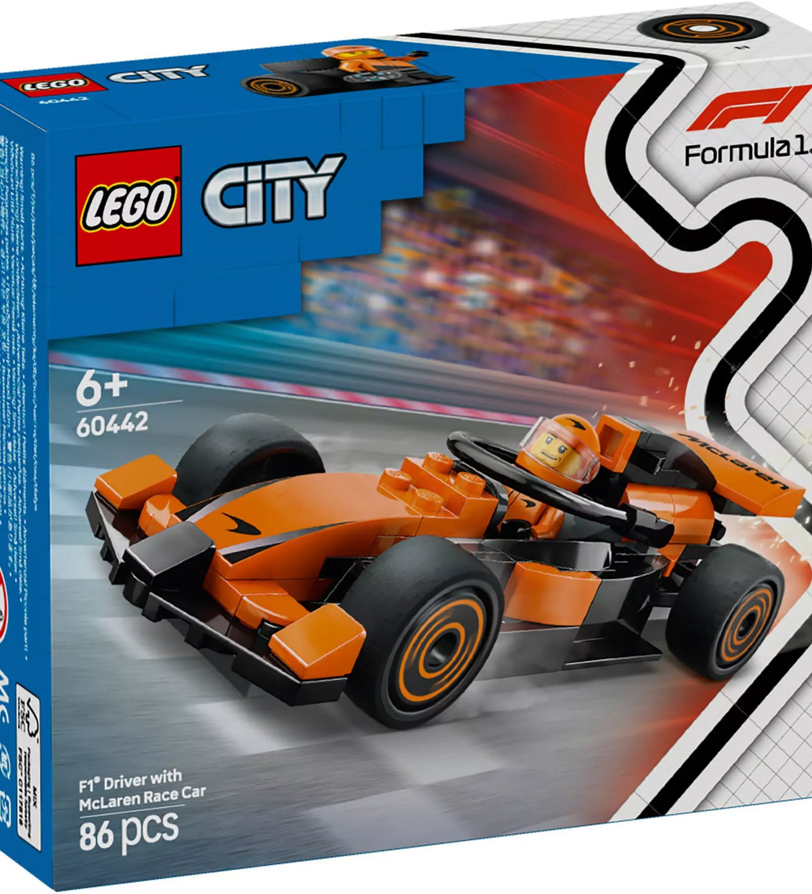 A LEGO City F1 pilóta McLaren versenyautóval (60442) szett dobozának elülső oldala, versenyautóval és pilótával.
