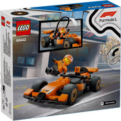 A LEGO City F1 pilóta McLaren versenyautóval (60442) szett dobozának hátsó oldala, részletes funkciókkal.