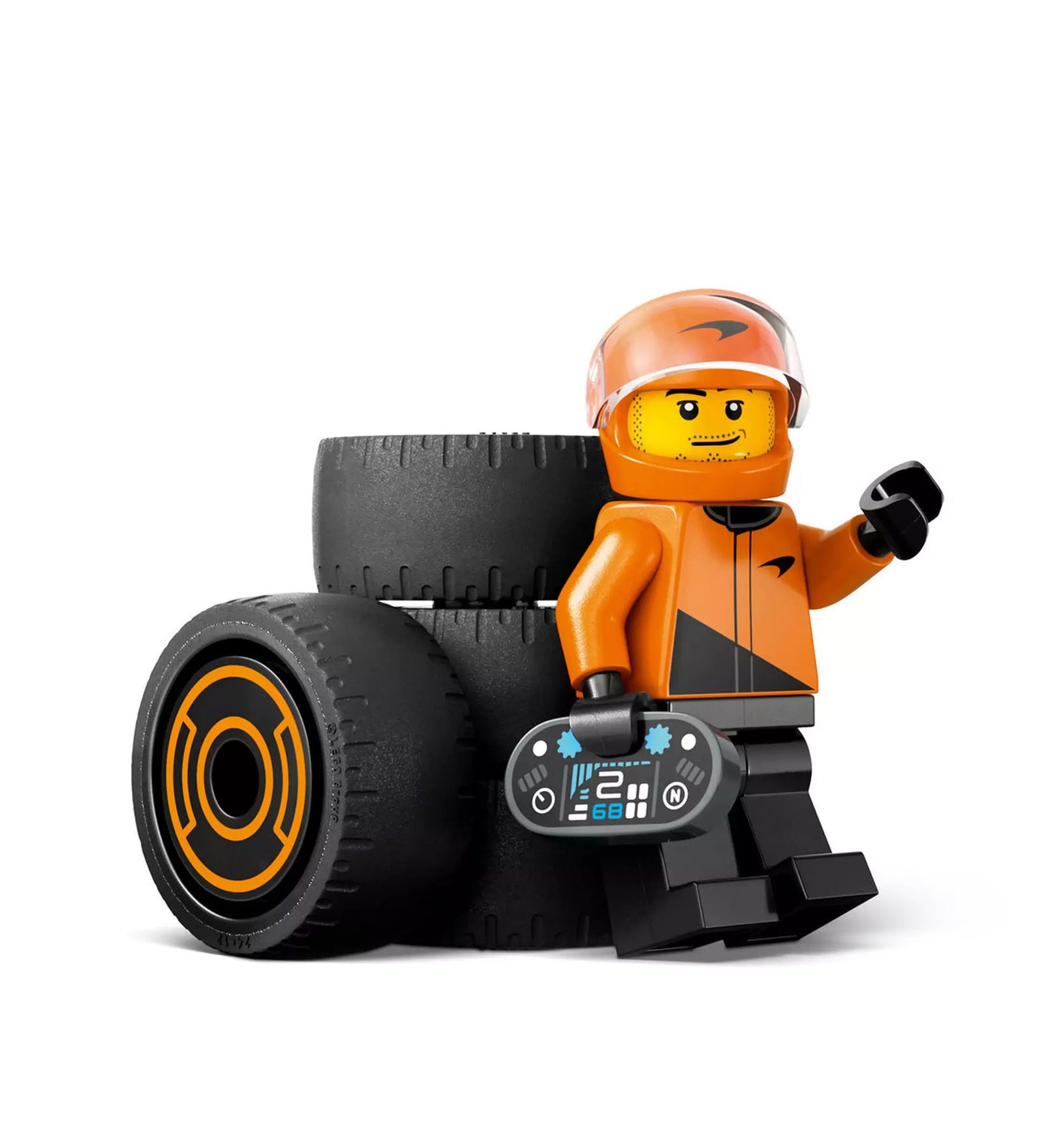  LEGO minifigura McLaren pilótával és új gumikészlettel a LEGO City F1 pilóta McLaren versenyautóval (60442) szettből.