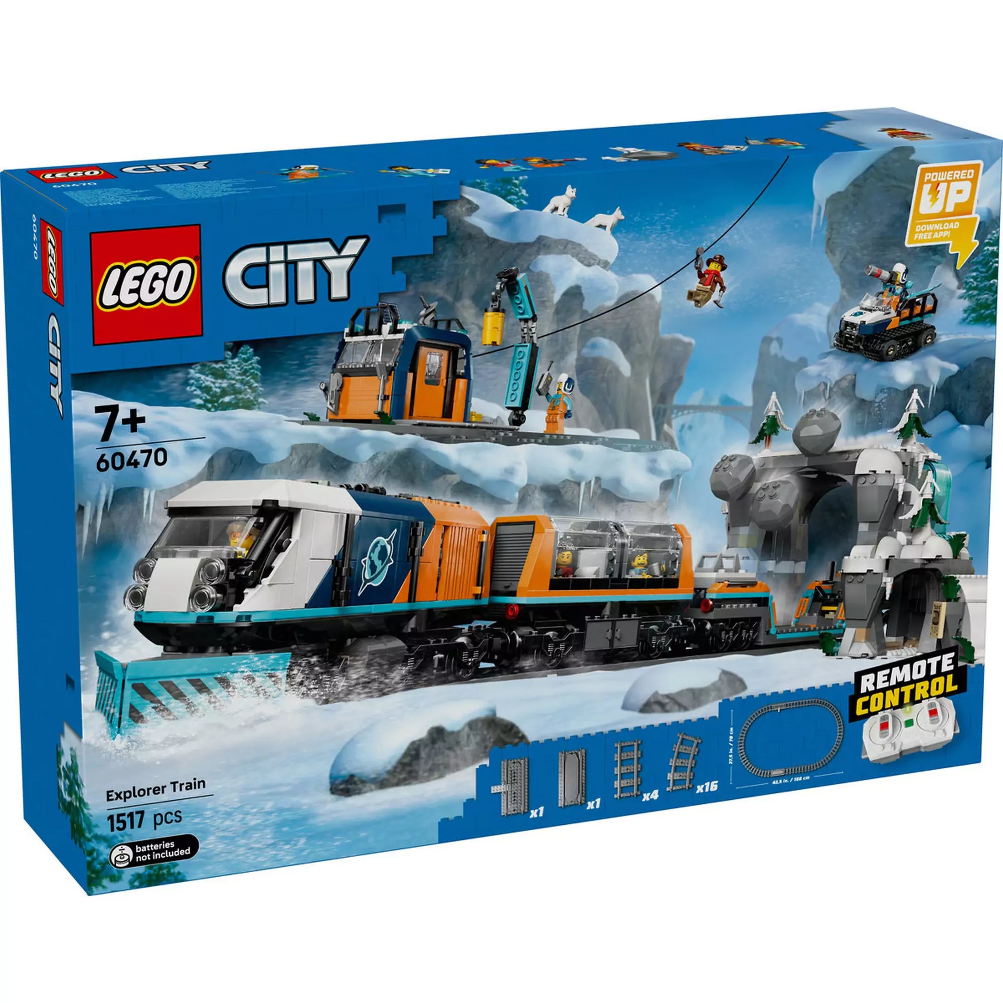 LEGO City: Felfedezők sarkvidéki expresszvonata (60470) dobozkép, motoros hóekés vonattal, alagúttal, kutatóállomással és sarki rókákkal.