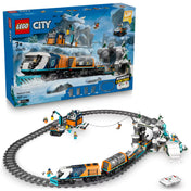 LEGO City: Felfedezők sarkvidéki expresszvonata (60470) doboz és megépített készlet egy képen, sínpályával, irányítóval és minifigurákkal.