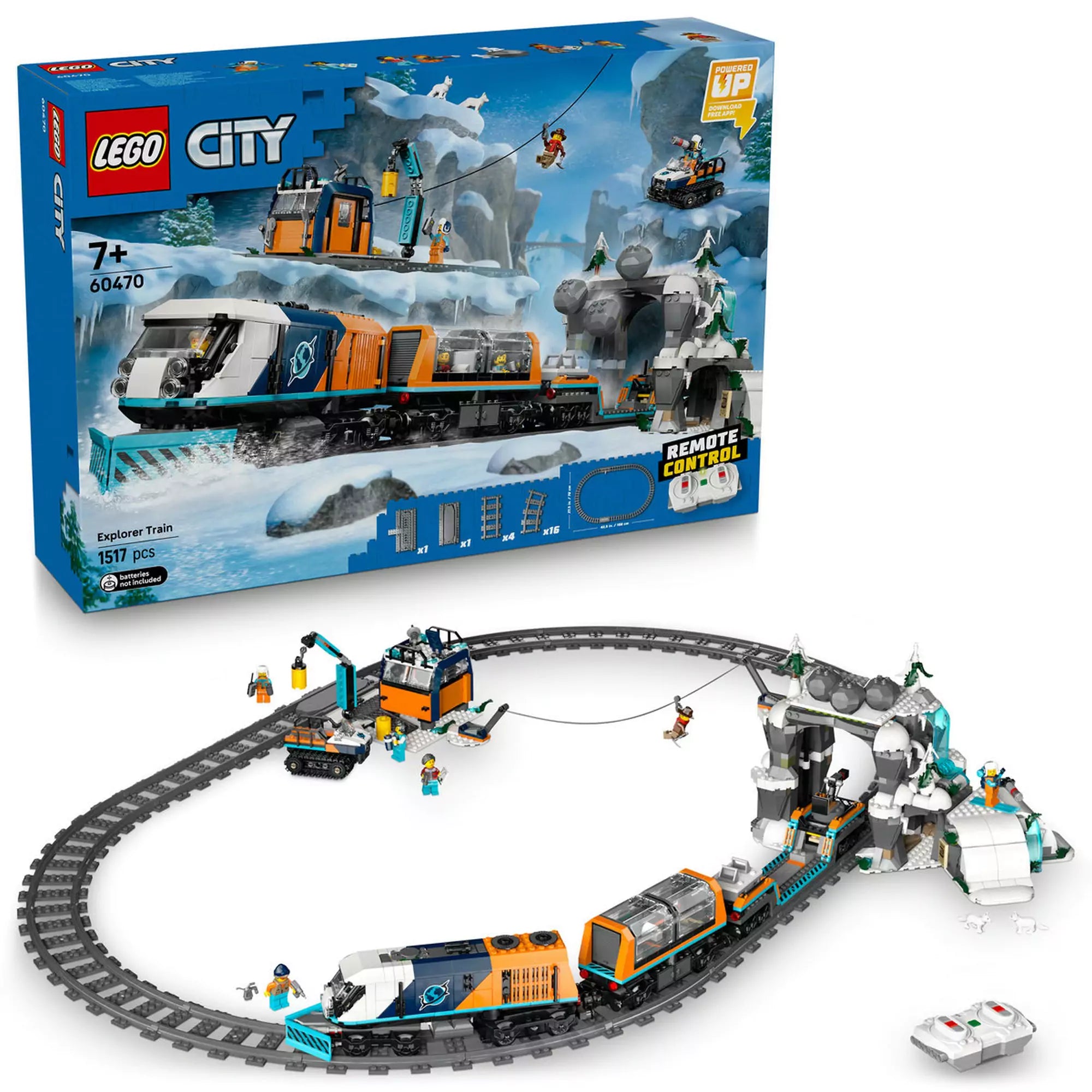 LEGO City: Felfedezők sarkvidéki expresszvonata (60470) doboz és megépített készlet egy képen, sínpályával, irányítóval és minifigurákkal.