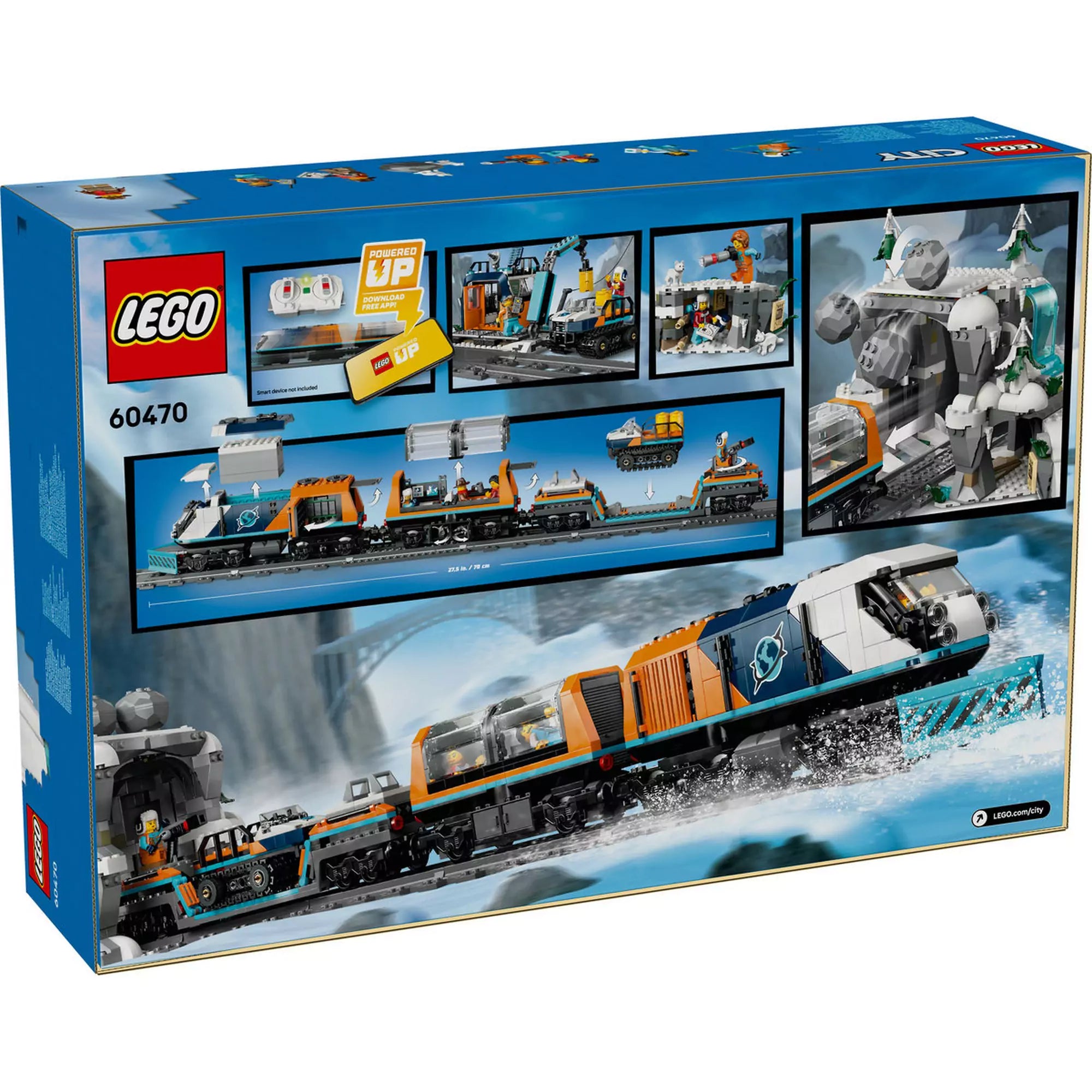 LEGO City: Felfedezők sarkvidéki expresszvonata (60470) hátlap, a játékfunkciók bemutatásával: mozdony, hóomlás-effekt, tirolipálya és terepjáró.