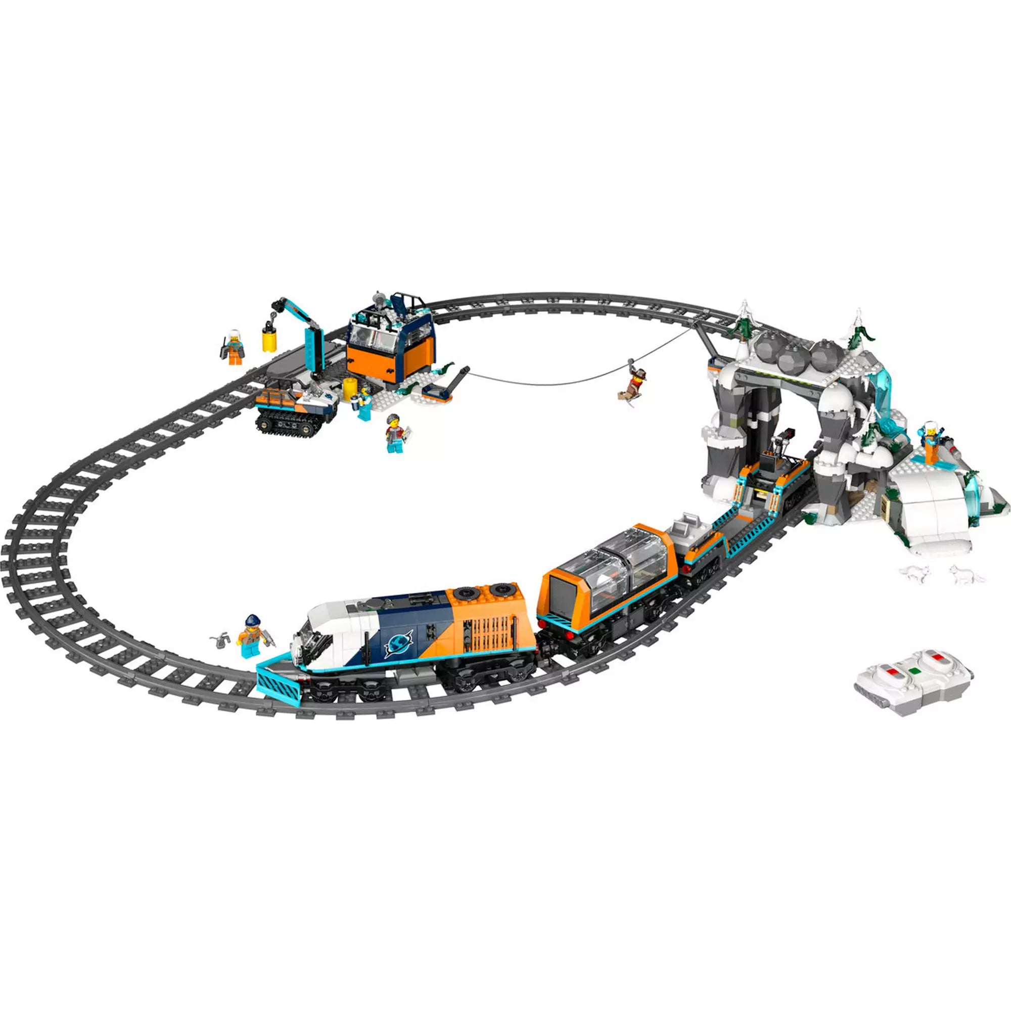 LEGO City: Felfedezők sarkvidéki expresszvonata (60470) teljes vasúti pályarendszer, alagúttal, sínekkel, mozdonyokkal és kiegészítőkkel.