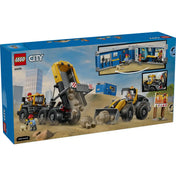 LEGO City Homlokrakodó és billenőplatós teherautó (60494) hátoldali dobozkép, amely bemutatja a dömper billenthető platóját, a homlokrakodó funkcióit és a részletesen berendezett mobil építési irodát.