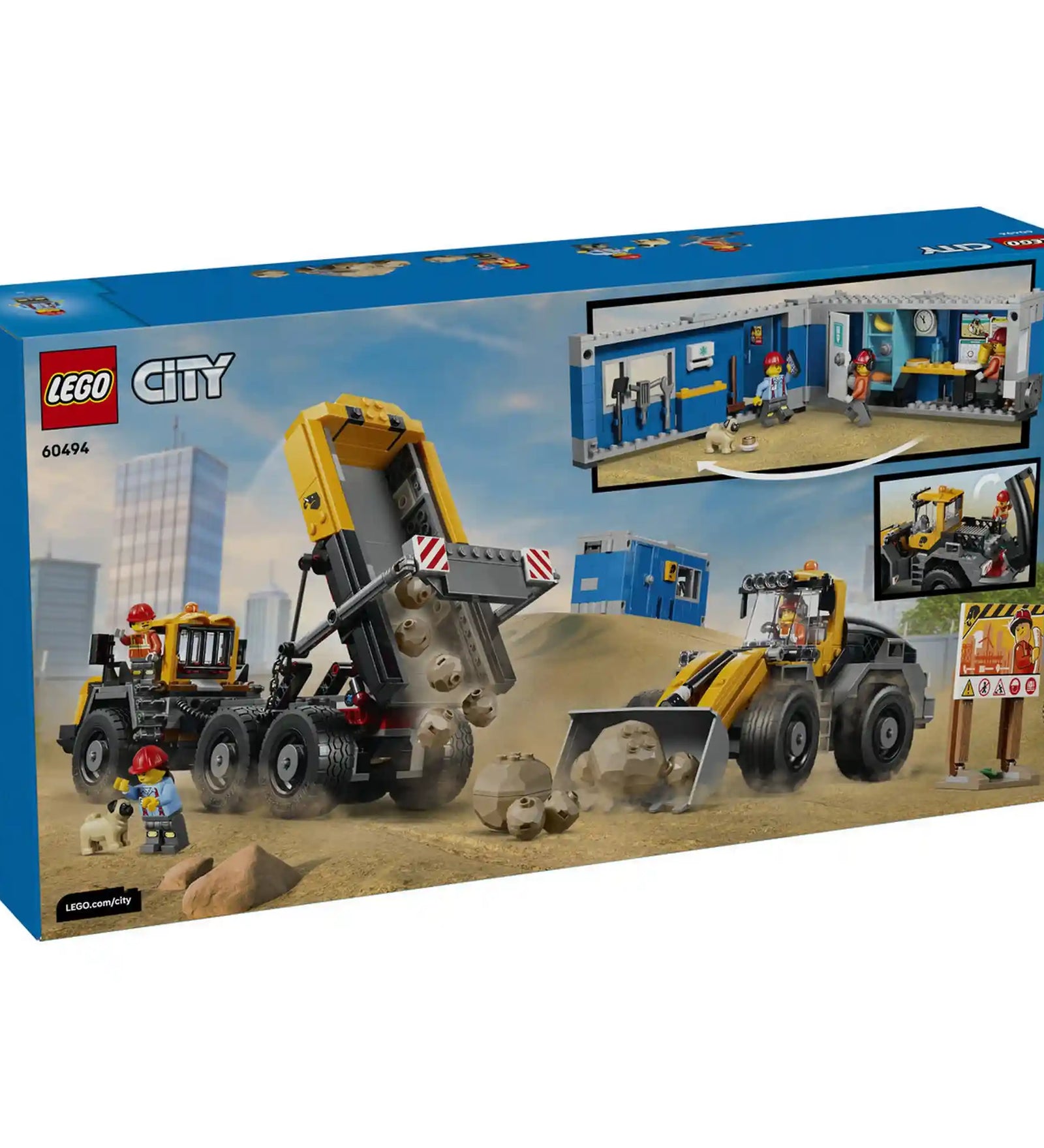 LEGO City Homlokrakodó és billenőplatós teherautó (60494) hátoldali dobozkép, amely bemutatja a dömper billenthető platóját, a homlokrakodó funkcióit és a részletesen berendezett mobil építési irodát.