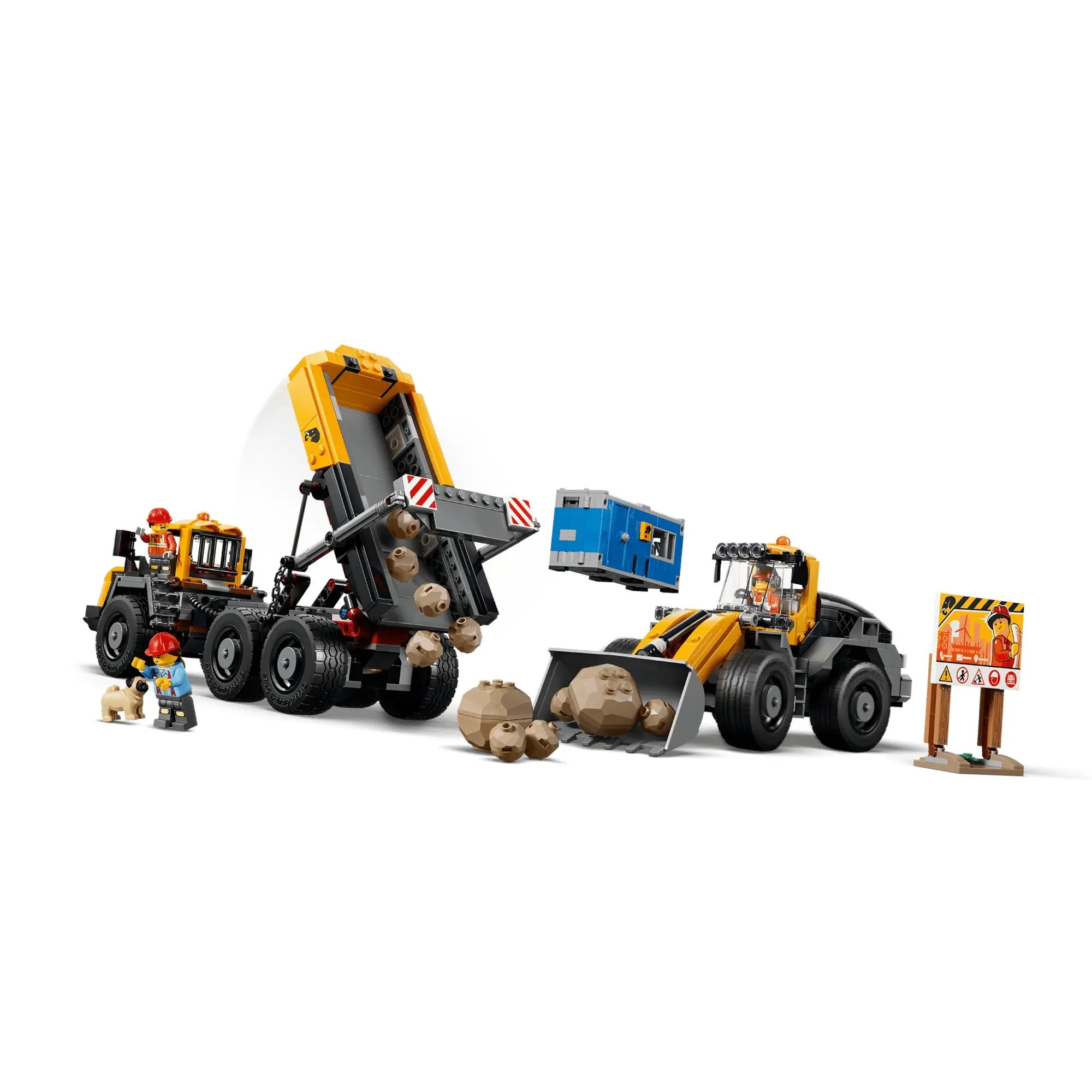 LEGO City 60494 építési jelenet billenőplatós teherautóval, homlokrakodóval, kövekkel, építkezési táblával, mobil irodával és munkás minifigurákkal.