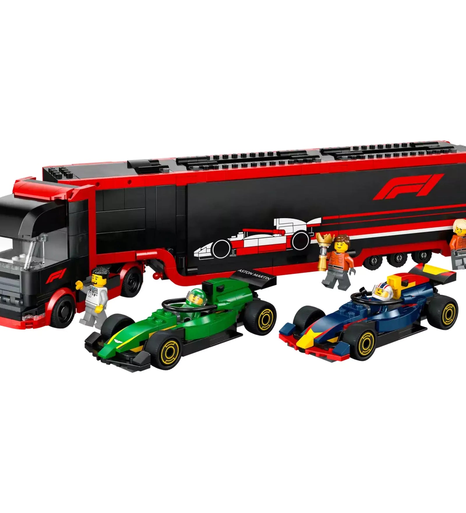  LEGO City Kamion, RB20 és AMR24 F1 autókkal – a teljes szett összeállítva, versenyautókkal.