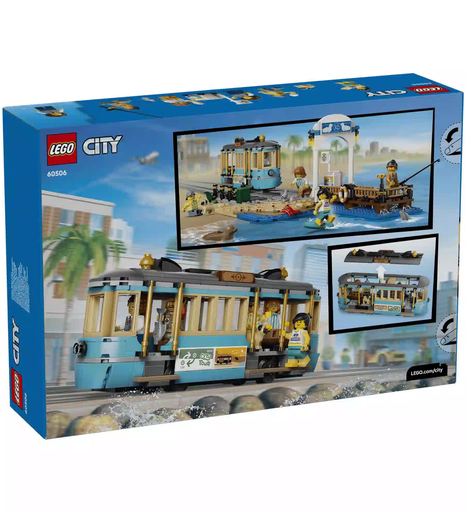LEGO City Klasszikus tengerparti villamos 60506 doboz hátoldala levehető tetővel és tengerparti jelenettel