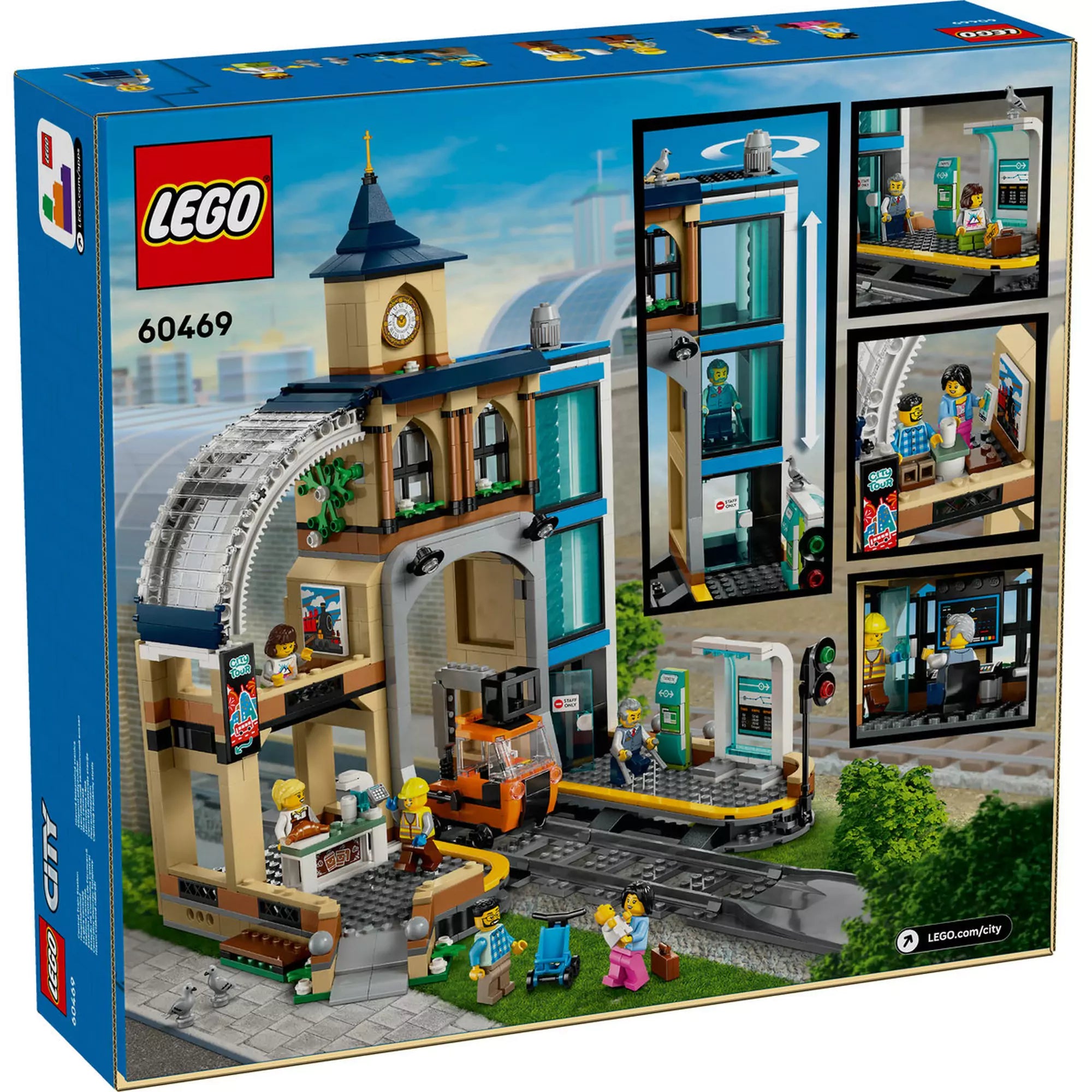 LEGO City Központi vasútállomás (60469) hátoldala, a készlet funkciói és jelenetei külön kis képekben bemutatva