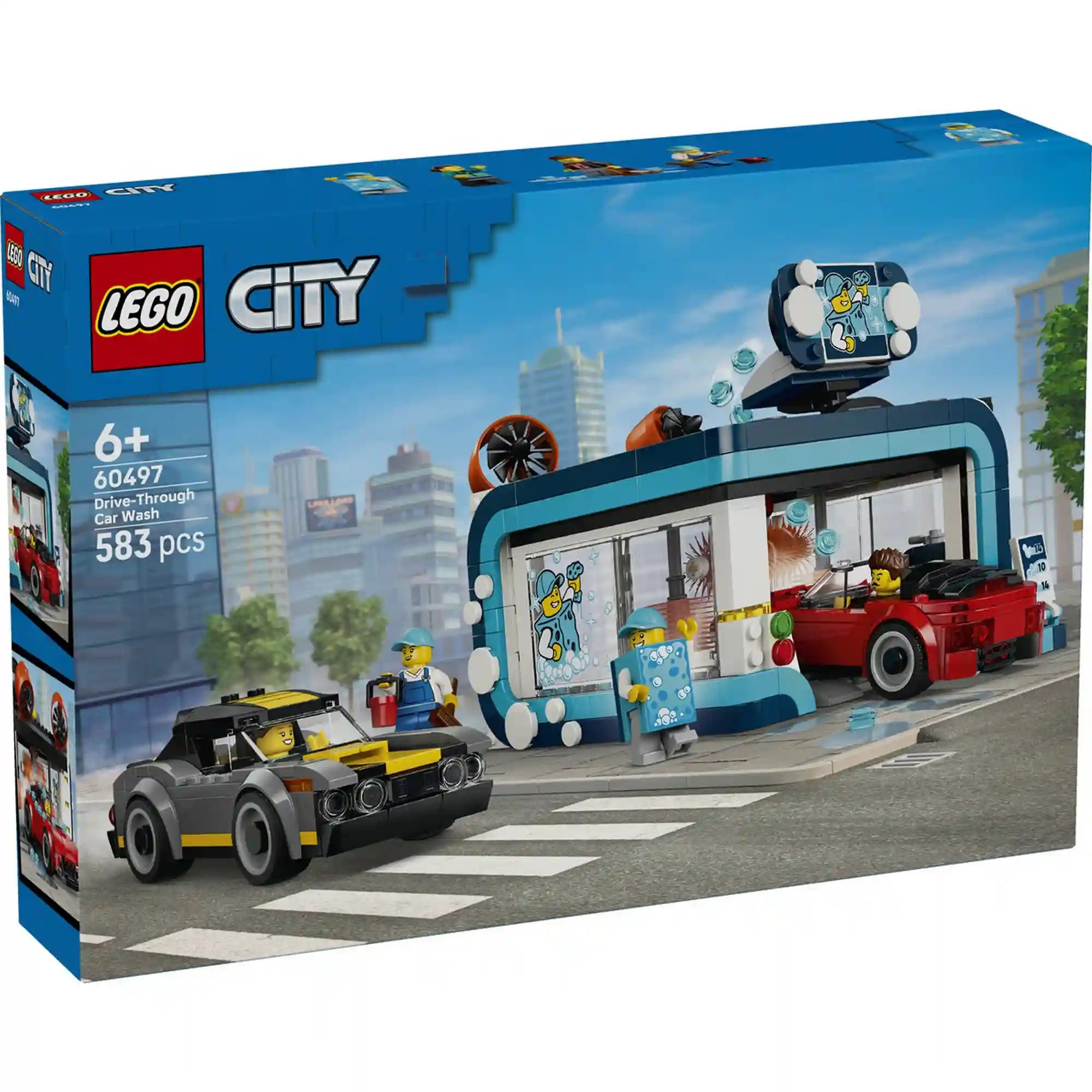 LEGO City Önkiszolgáló autómosó 60497 dobozkép autómosó épülettel, piros kabrióval, fekete-sárga izomautóval és minifigurákkal