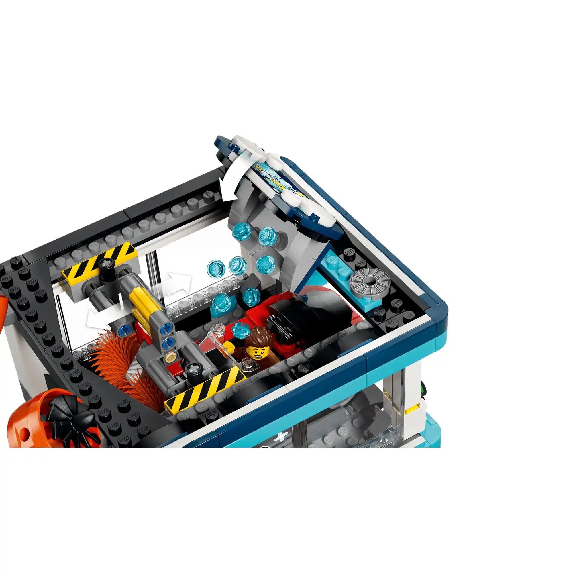 LEGO City Önkiszolgáló autómosó 60497 felülnézeti részletképe forgó kefékkel, vízgyöngyökkel és piros kabrióval