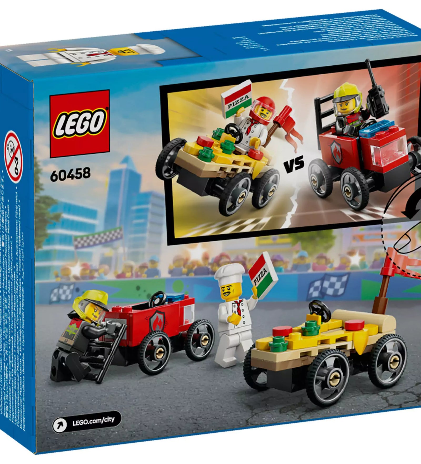 LEGO City Pizzásautó vs. tűzoltóautó (60458) hátoldal – A doboz hátoldalán látható játékfunkciók és részletek.