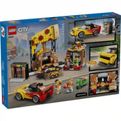 A LEGO City 60496 készlet hátoldala, amely bemutatja a pizzéria interaktív funkcióit, a kemencét, a pizzakiszállító autót és a drónt.
